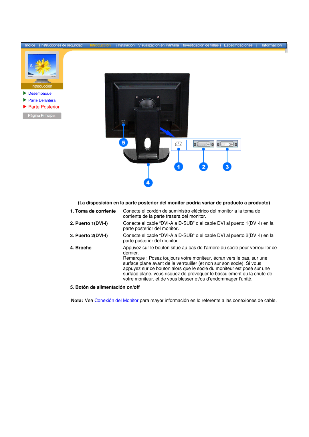 Samsung NB19PSHSB/EDC manual Parte Posterior, Broche Botón de alimentación on/off 