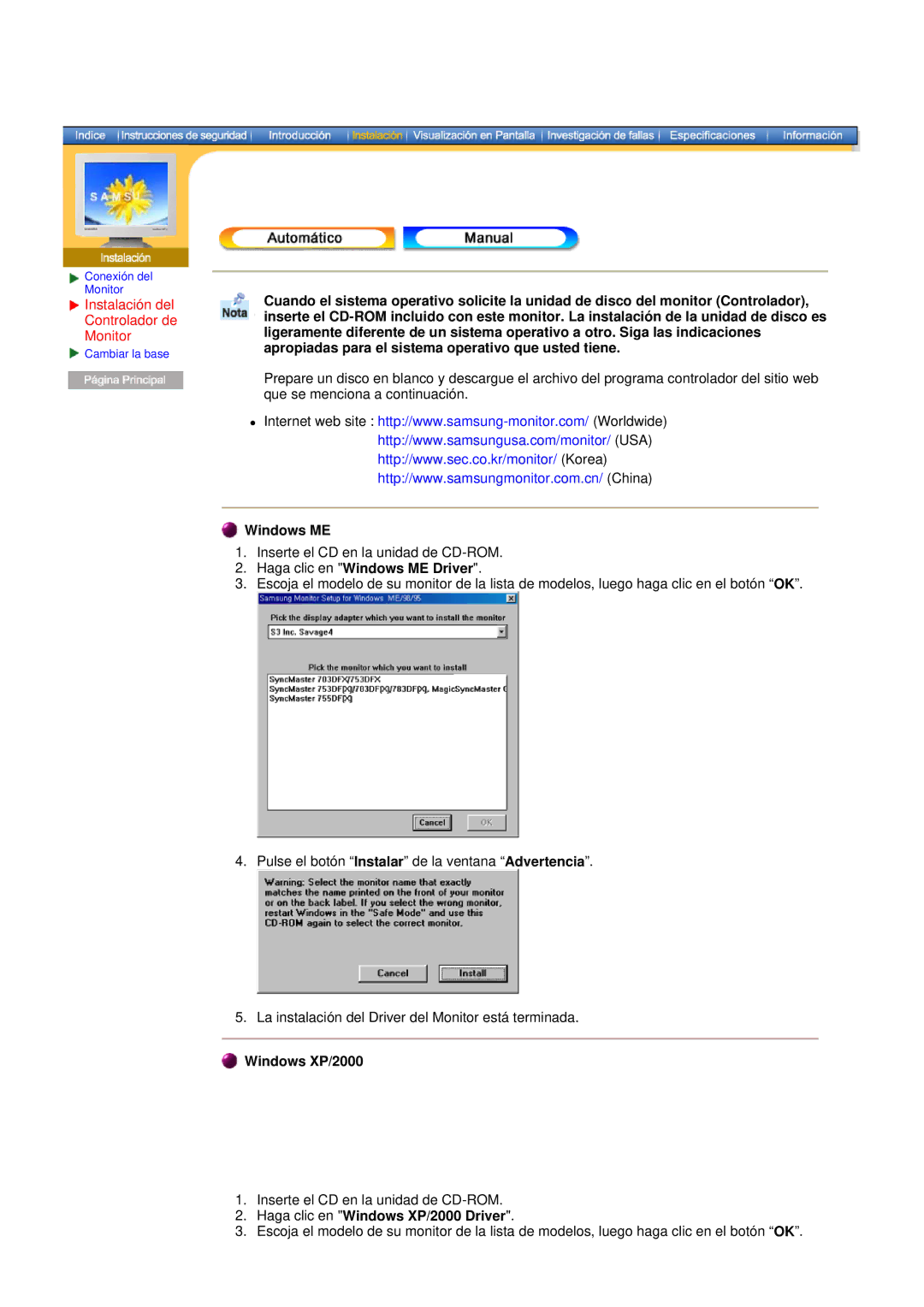 Samsung NB19PSHSB/EDC manual Instalación del Controlador de Monitor, Haga clic en Windows ME Driver, Windows XP/2000 