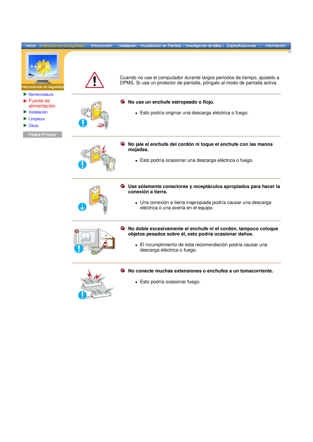 Samsung NB19PSHSB/EDC manual Fuente de, Alimentación, No conecte muchas extensiones o enchufes a un tomacorriente 