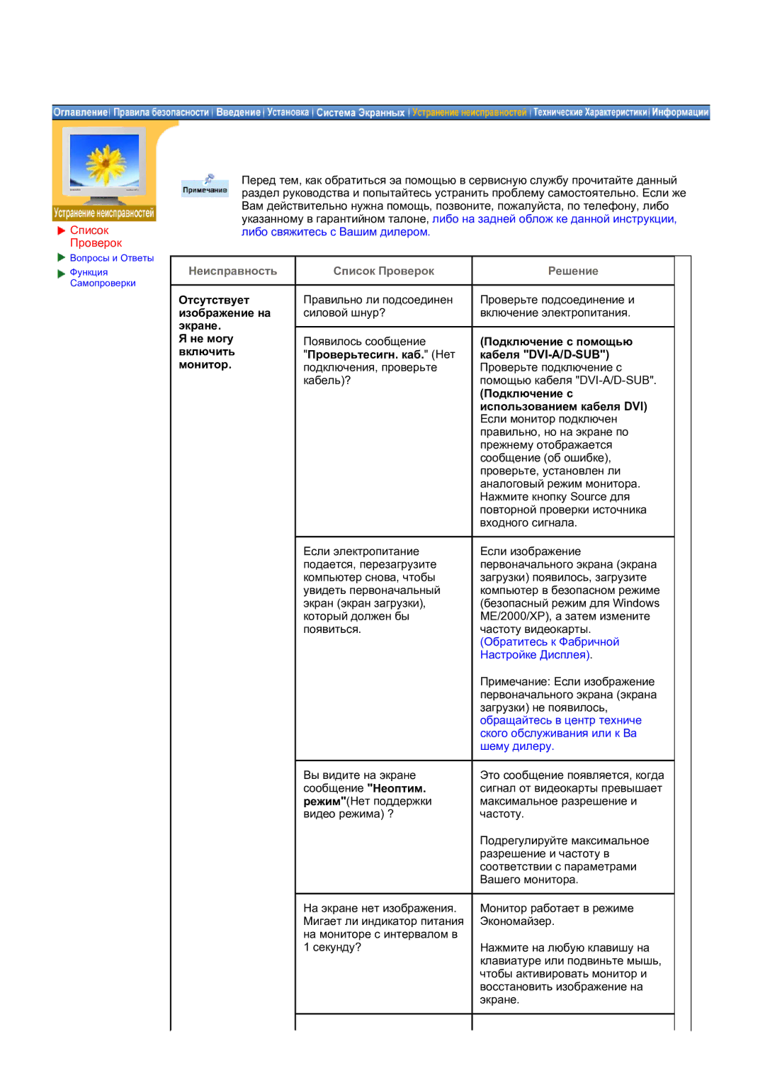 Samsung NB19PSHSB/EDC manual Список Проверок, Отсутствует изображение на экране Не могу включить монитор 