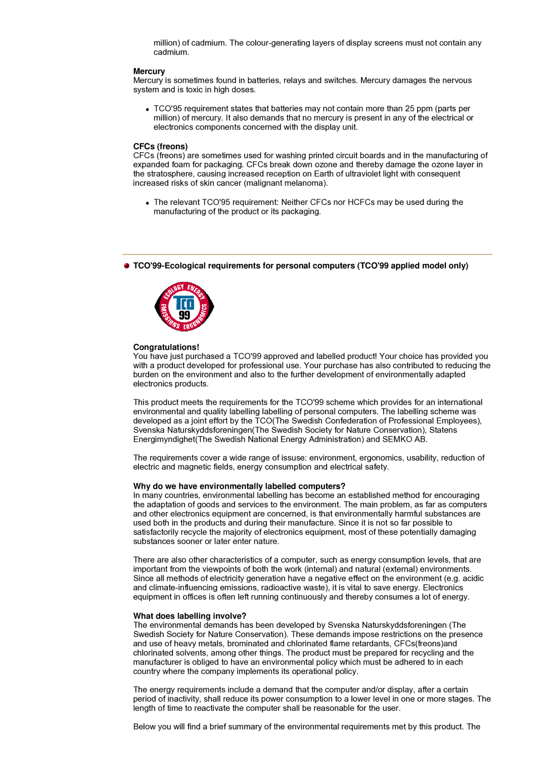 Samsung NB19PSHSB/EDC manual Mercury, CFCs freons, Why do we have environmentally labelled computers? 