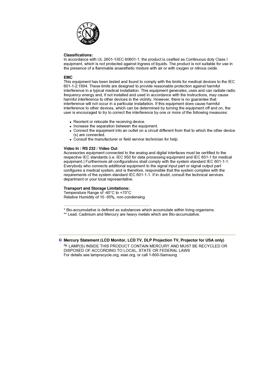 Samsung NB19PSHSB/EDC manual Classifications, Video In / RS 232 / Video Out, Transport and Storage Limitations 