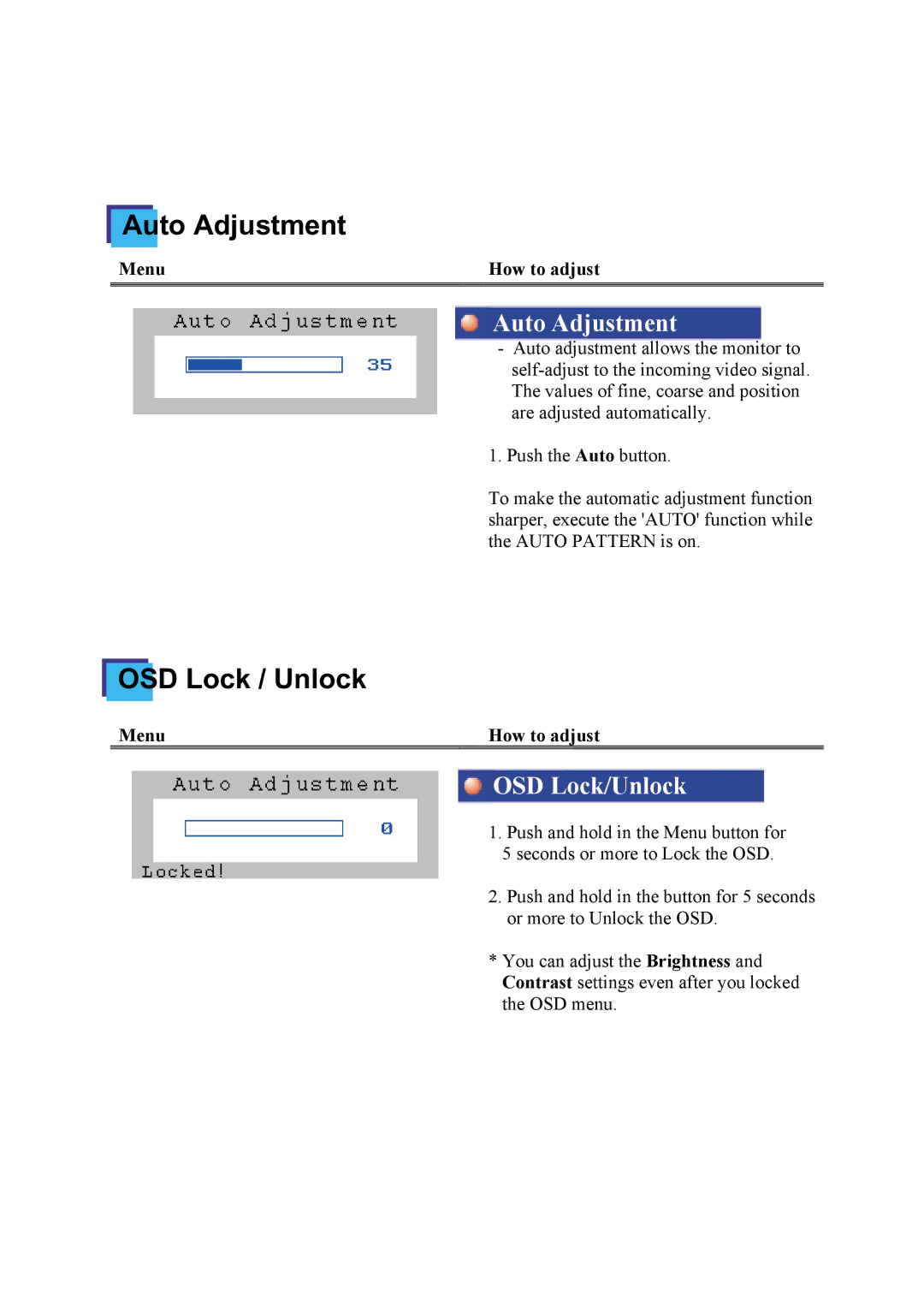 Samsung NB24BSAS/EDC manual Auto Adjustment, OSD Lock/Unlock 