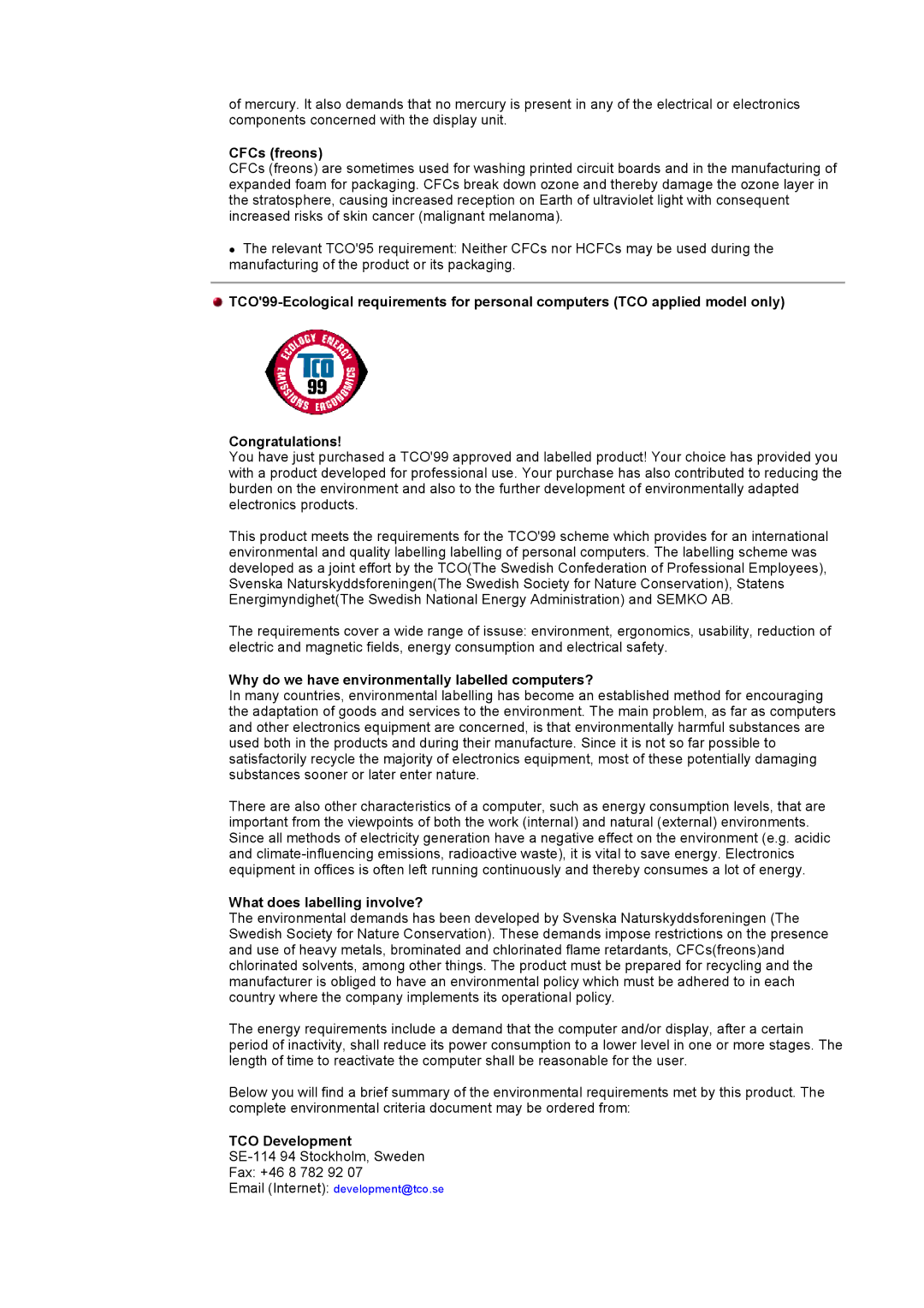 Samsung NB24BSAS/EDC manual CFCs freons, Why do we have environmentally labelled computers?, TCO Development 