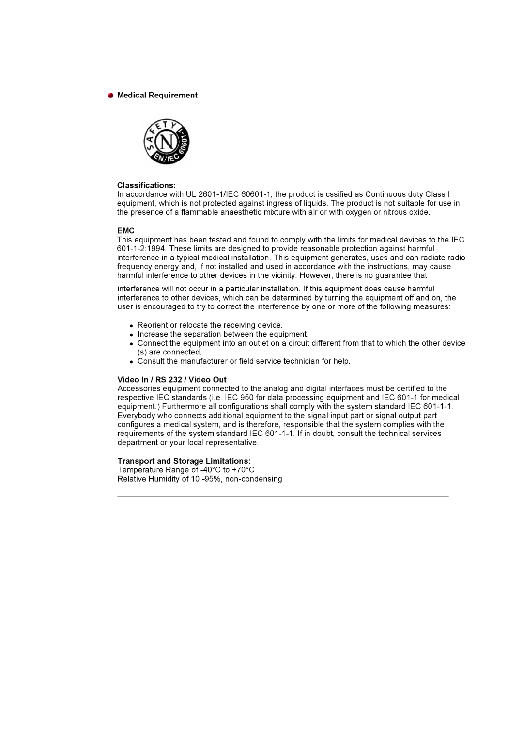 Samsung NB24BSAS/EDC Medical Requirement Classifications, Video In / RS 232 / Video Out, Transport and Storage Limitations 