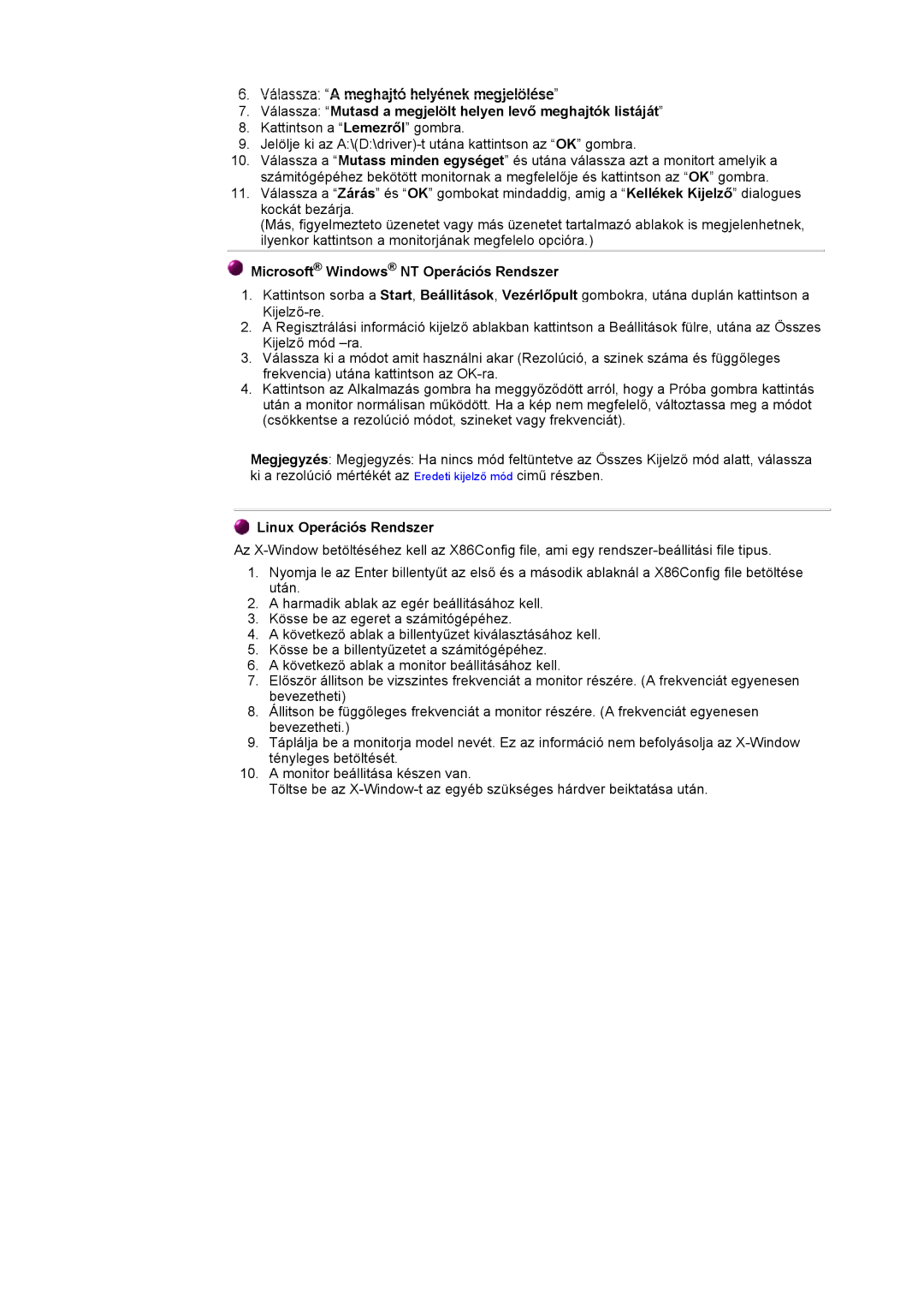 Samsung NB24BSAS/EDC manual Microsoft Windows NT Operációs Rendszer, Linux Operációs Rendszer 