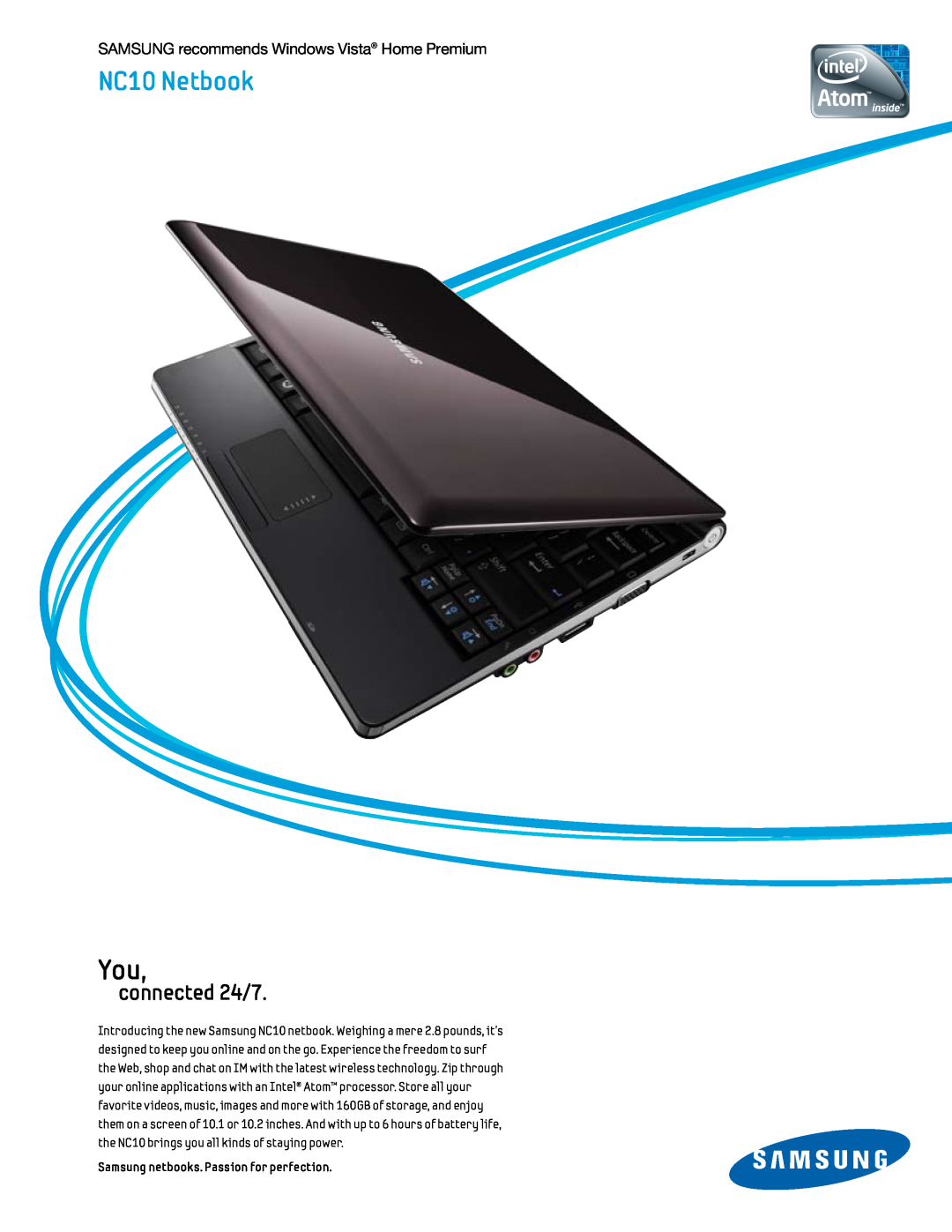 Samsung manual NC10 Netbook, connected 24/7, Samsung recommends Windows Vista Home Premium 