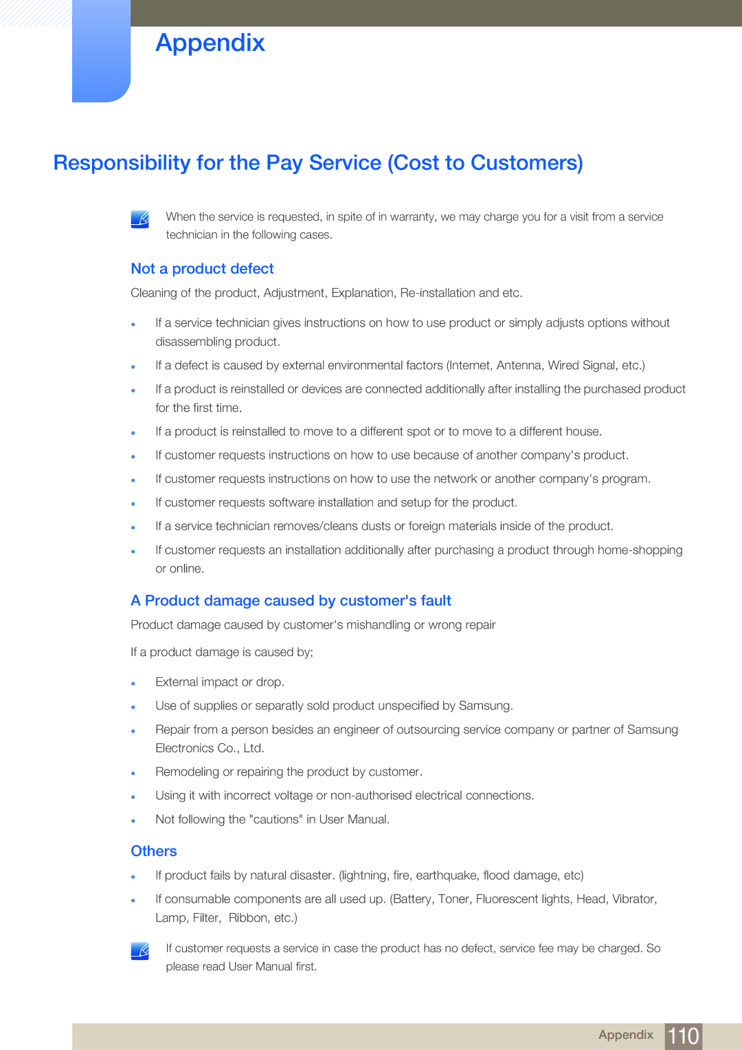 Samsung NC190-T, NC191, NC241T Responsibility for the Pay Service Cost to Customers, Not a product defect, Others 