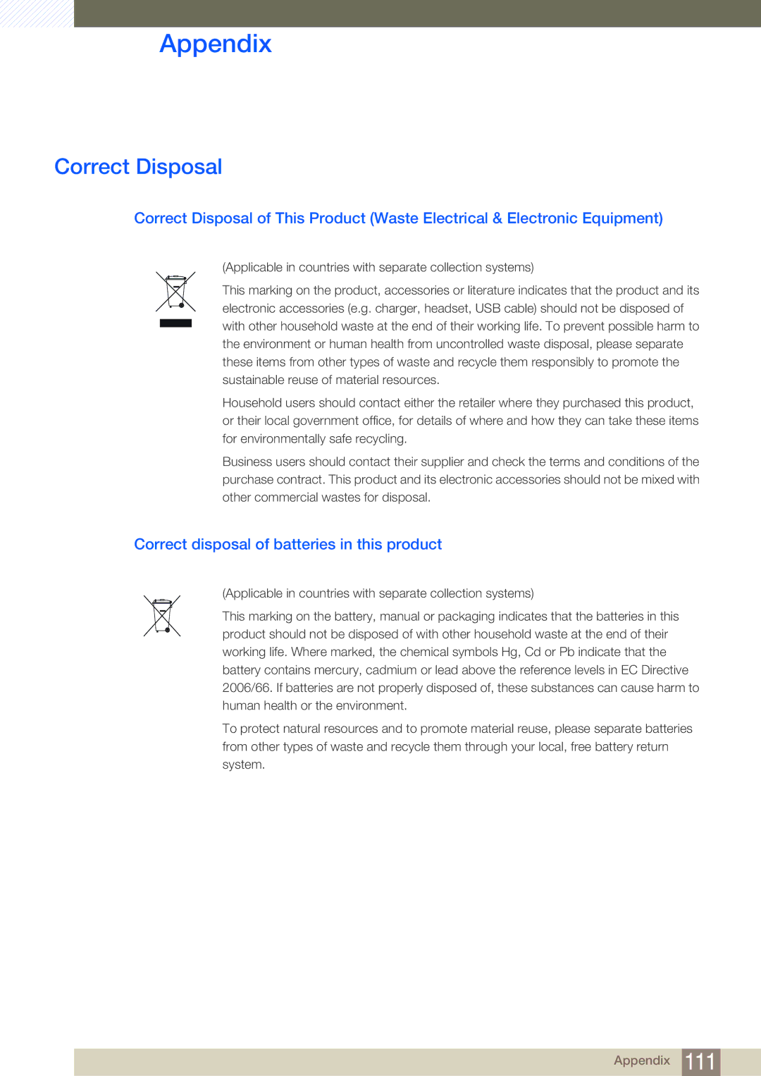 Samsung NC241T, NC190-T, NC191 user manual Correct Disposal, Correct disposal of batteries in this product 