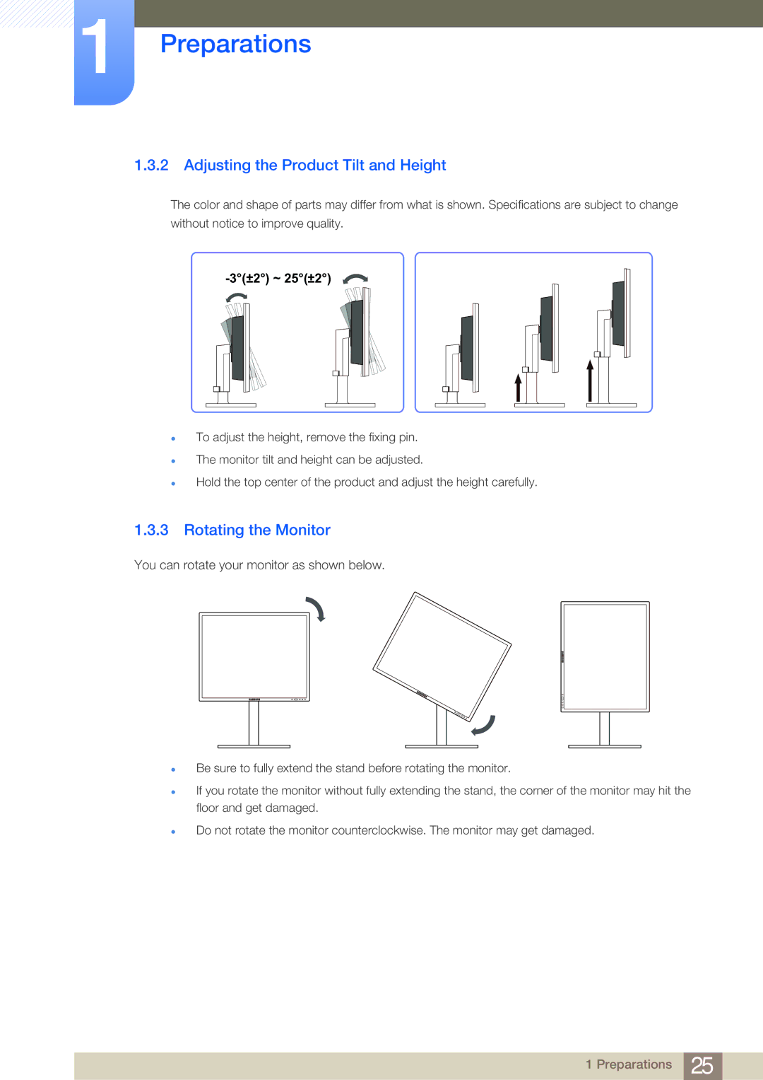 Samsung NC191, NC190-T, NC241T user manual Adjusting the Product Tilt and Height, Rotating the Monitor 