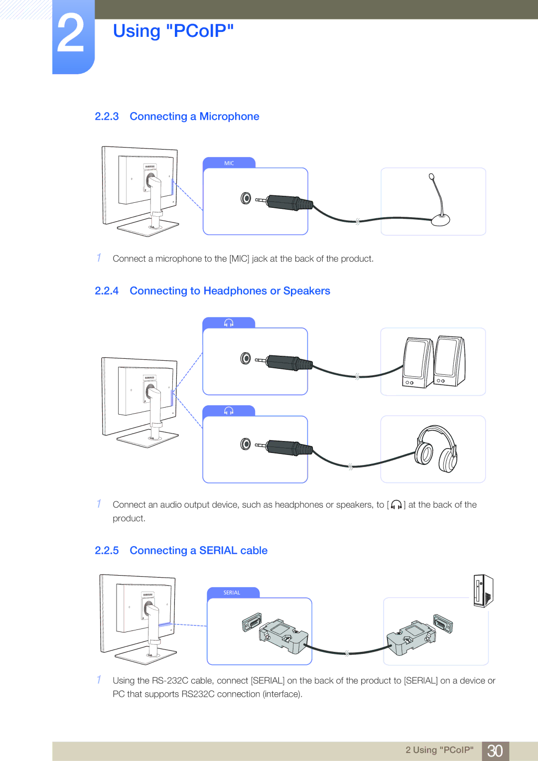 Samsung NC241, NC190-T, NC191 Connecting a Microphone, Connecting to Headphones or Speakers, Connecting a Serial cable 