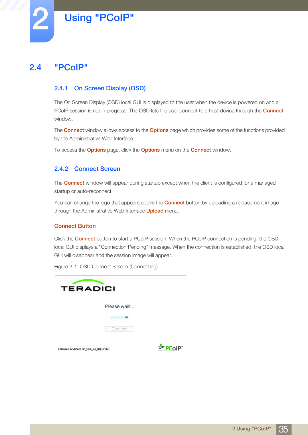 Samsung NC241T, NC190-T, NC191 user manual PCoIP, On Screen Display OSD, Connect Screen, Connect Button 