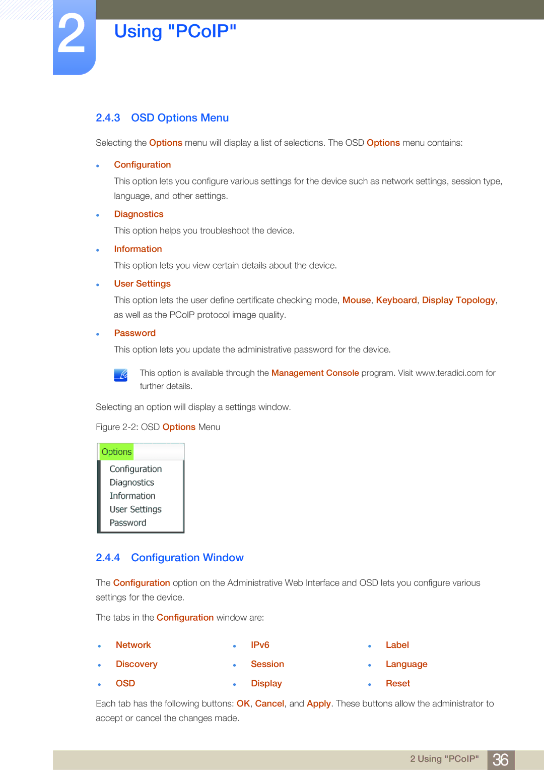 Samsung NC190-T, NC191, NC241T user manual OSD Options Menu, Configuration Window 