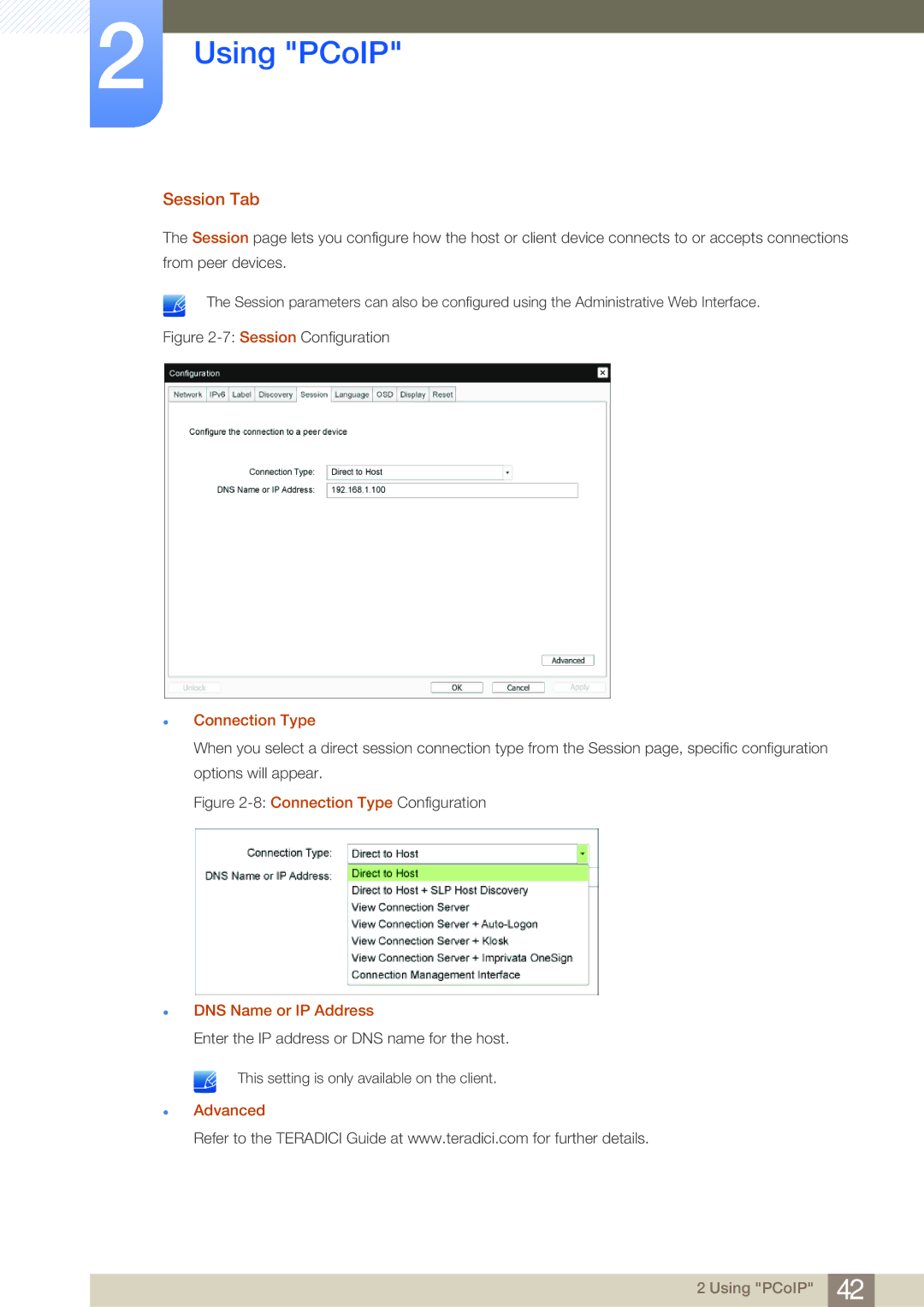 Samsung NC190-T, NC191, NC241T user manual Session Tab, Connection Type, DNS Name or IP Address, Advanced 