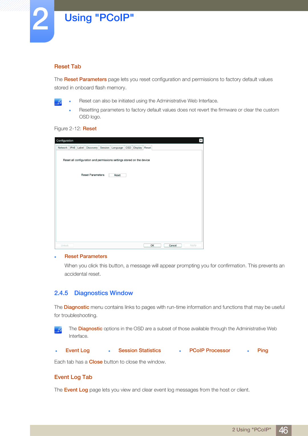 Samsung NC190-T, NC191, NC241T user manual Diagnostics Window, Reset Tab, Event Log Tab 