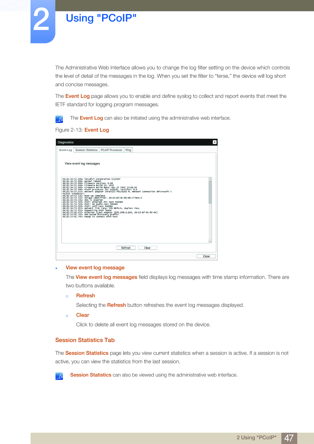 Samsung NC241T, NC190-T, NC191 user manual Session Statistics Tab, View event log message, † Refresh, † Clear 