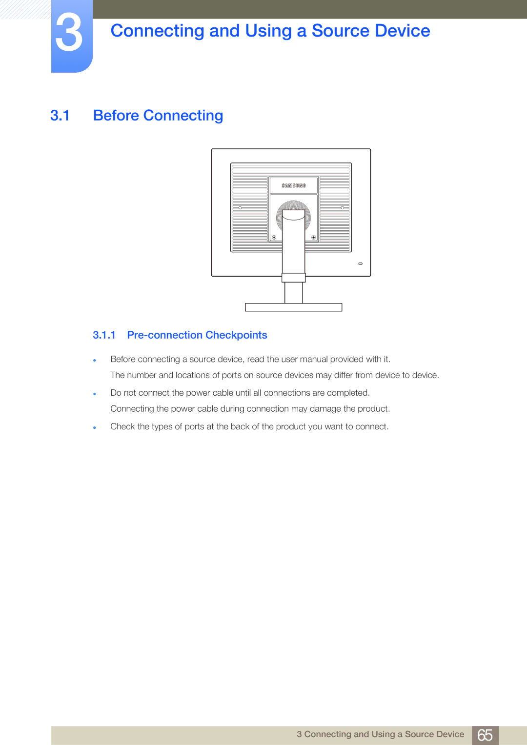 Samsung NC191, NC190-T, NC241T Connecting and Using a Source Device, Before Connecting, Pre-connection Checkpoints 