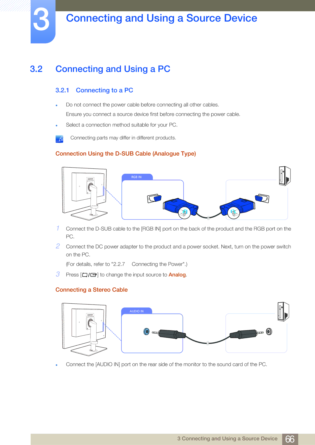 Samsung NC241, NC190-T, NC191 Connecting and Using a PC, Connecting to a PC, Connection Using the D-SUB Cable Analogue Type 