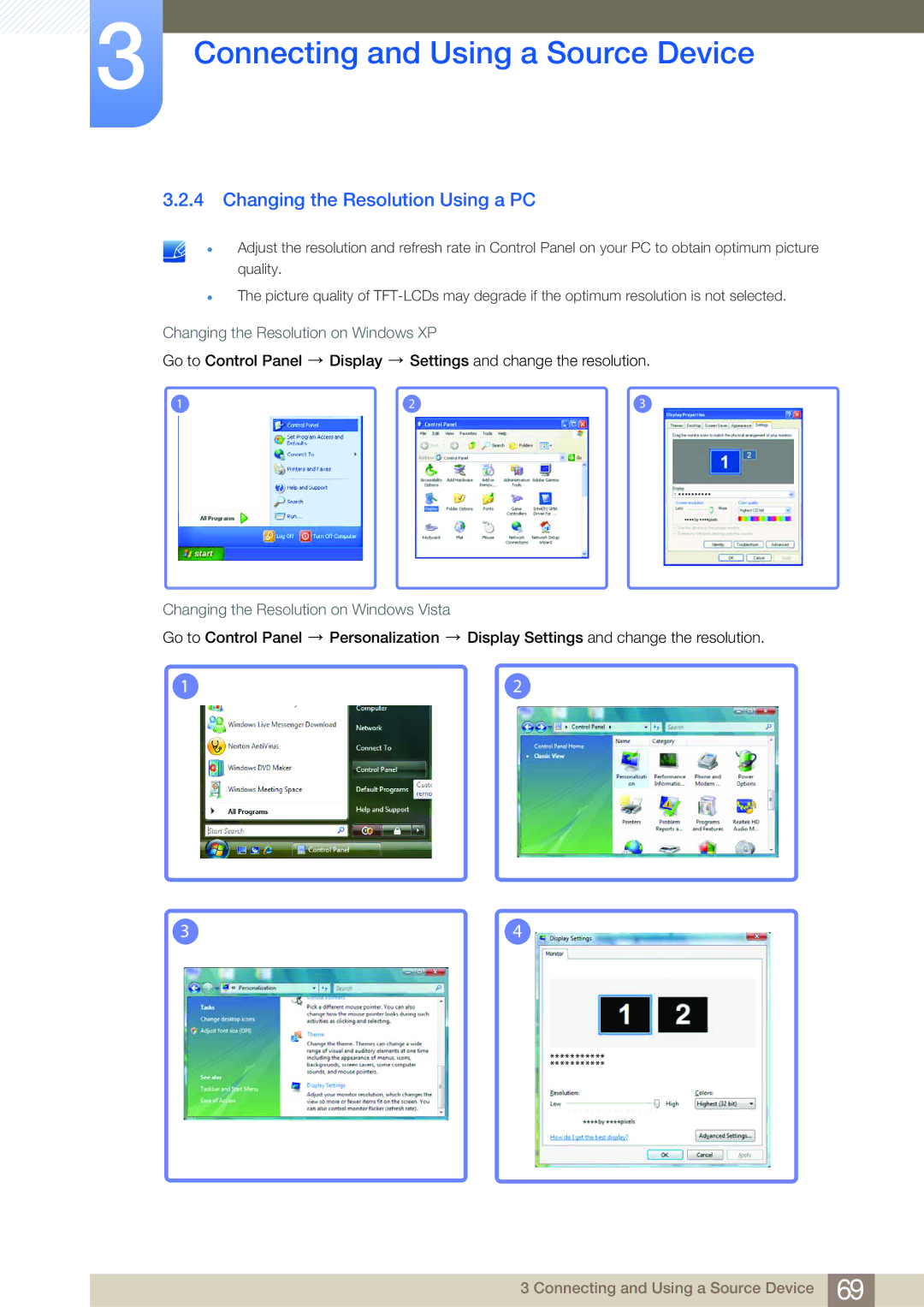 Samsung NC191, NC190-T, NC241T user manual Changing the Resolution Using a PC 