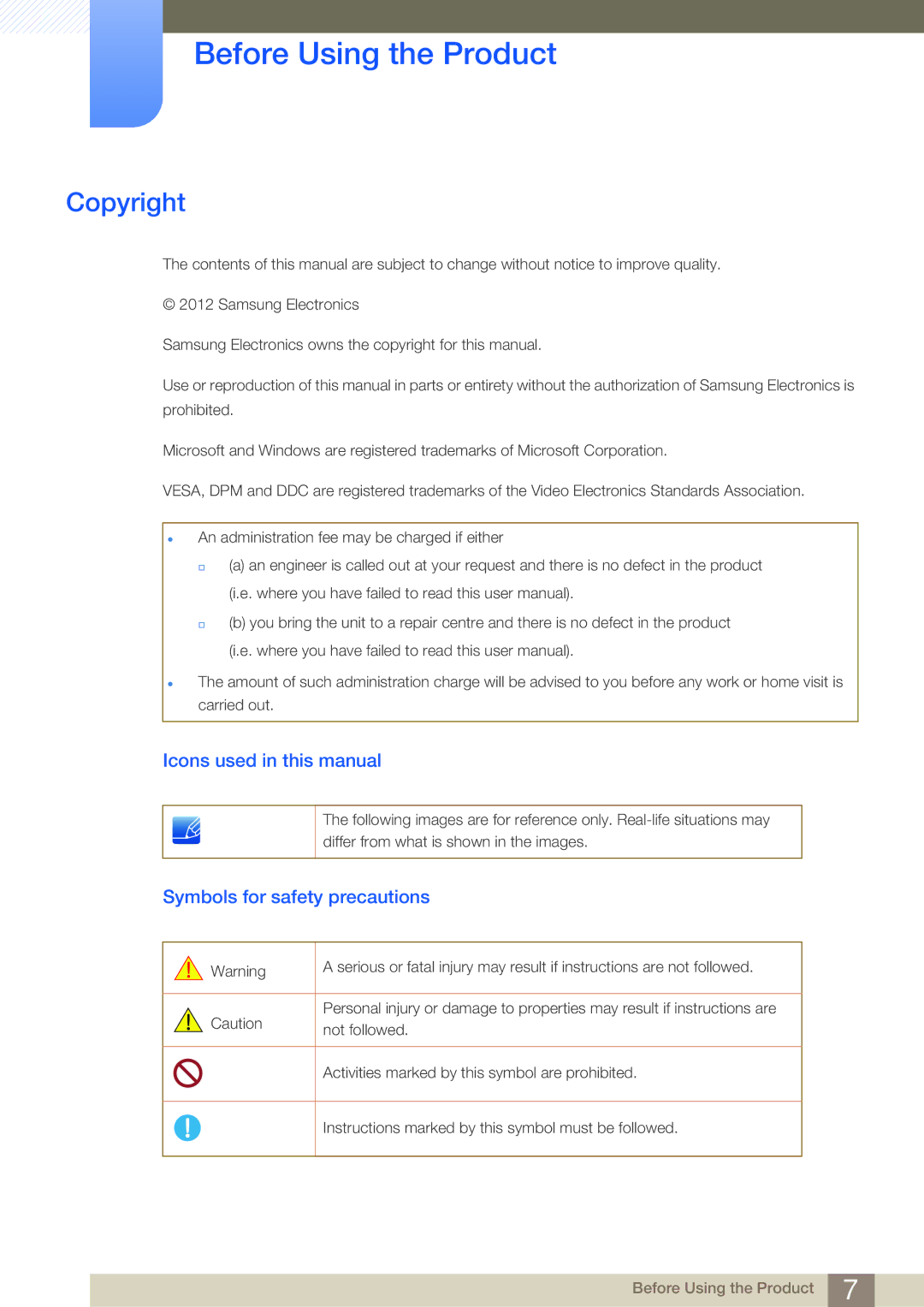 Samsung NC241T, NC190-T Before Using the Product, Copyright, Icons used in this manual, Symbols for safety precautions 