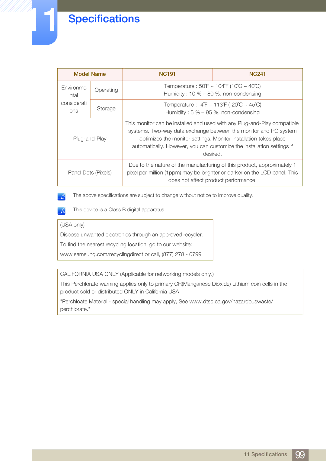 Samsung NC241T, NC190-T, NC191 user manual Environme Operating 