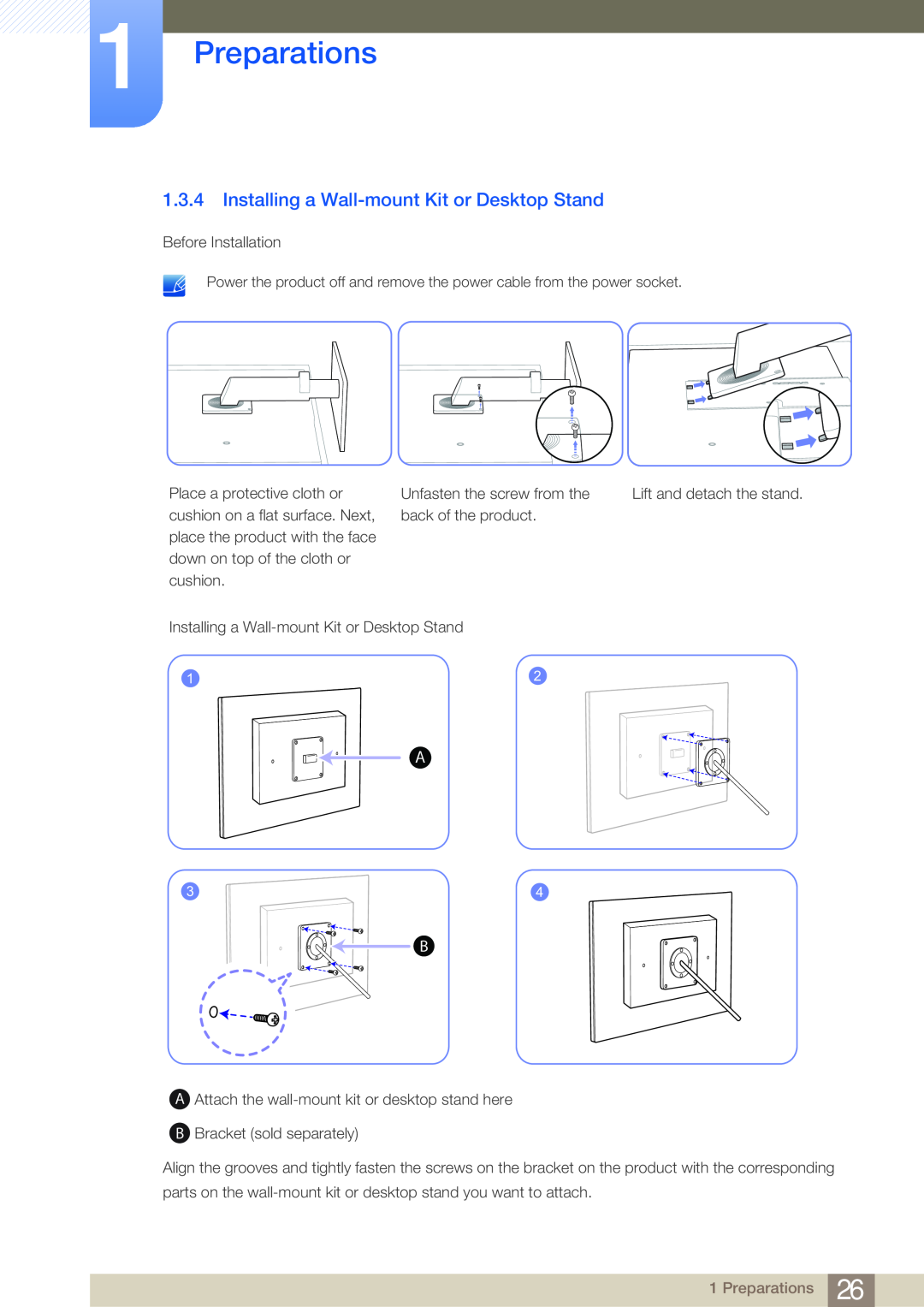 Samsung NC190-T, NC191, NC241T user manual Installing a Wall-mount Kit or Desktop Stand, Preparations 
