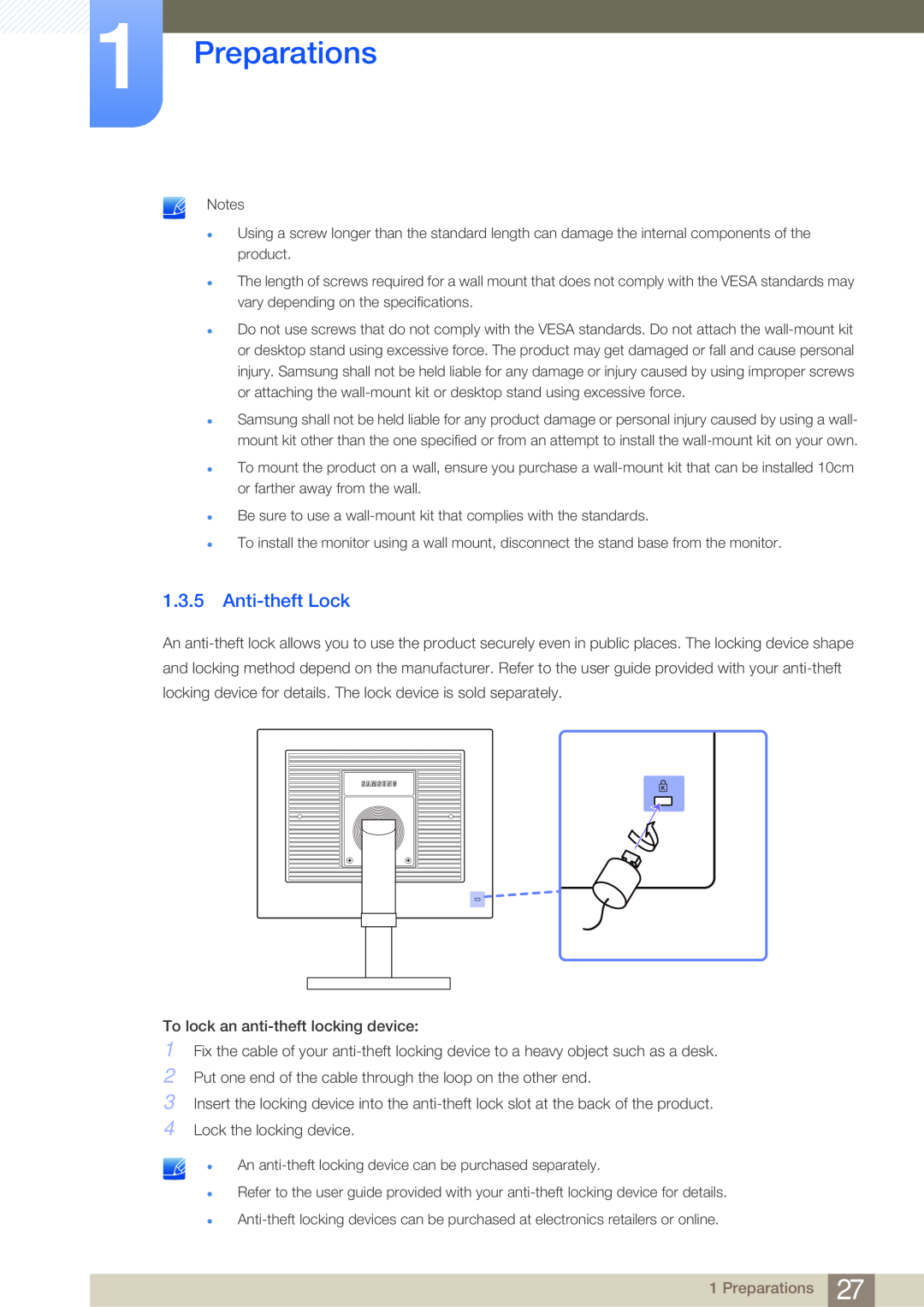 Samsung NC241T, NC190-T, NC191 user manual Anti-theft Lock, Preparations 