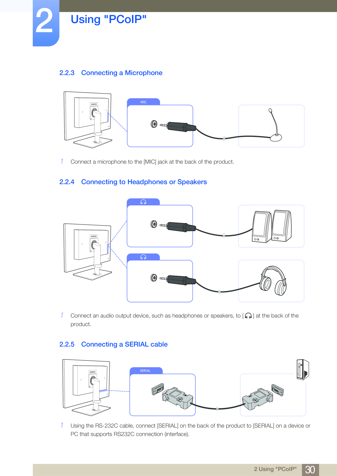 Samsung NC241, NC191 Connecting a Microphone, Connecting to Headphones or Speakers, Connecting a SERIAL cable, Using PCoIP 