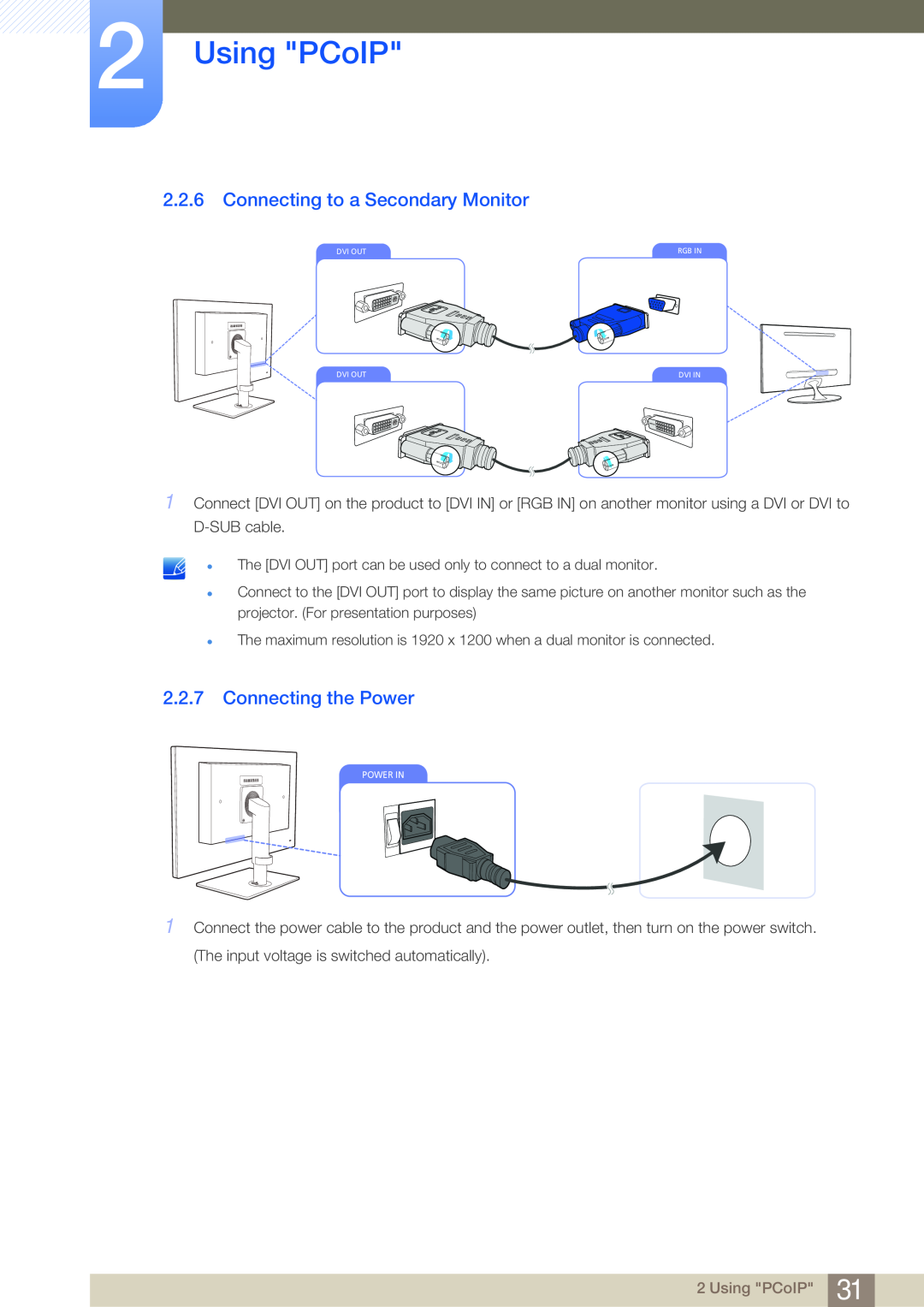 Samsung NC241T, NC190-T, NC191 user manual Connecting to a Secondary Monitor, Connecting the Power, Using PCoIP 