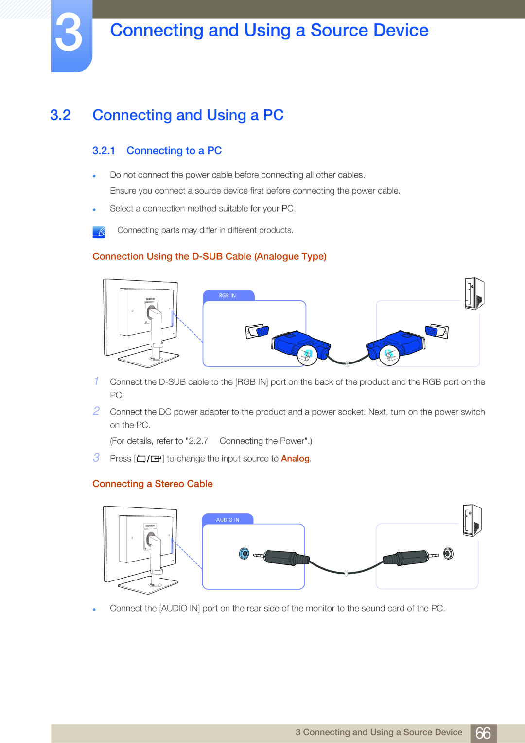 Samsung NC241, NC190-T, NC191 Connecting and Using a PC, Connecting to a PC, Connection Using the D-SUB Cable Analogue Type 