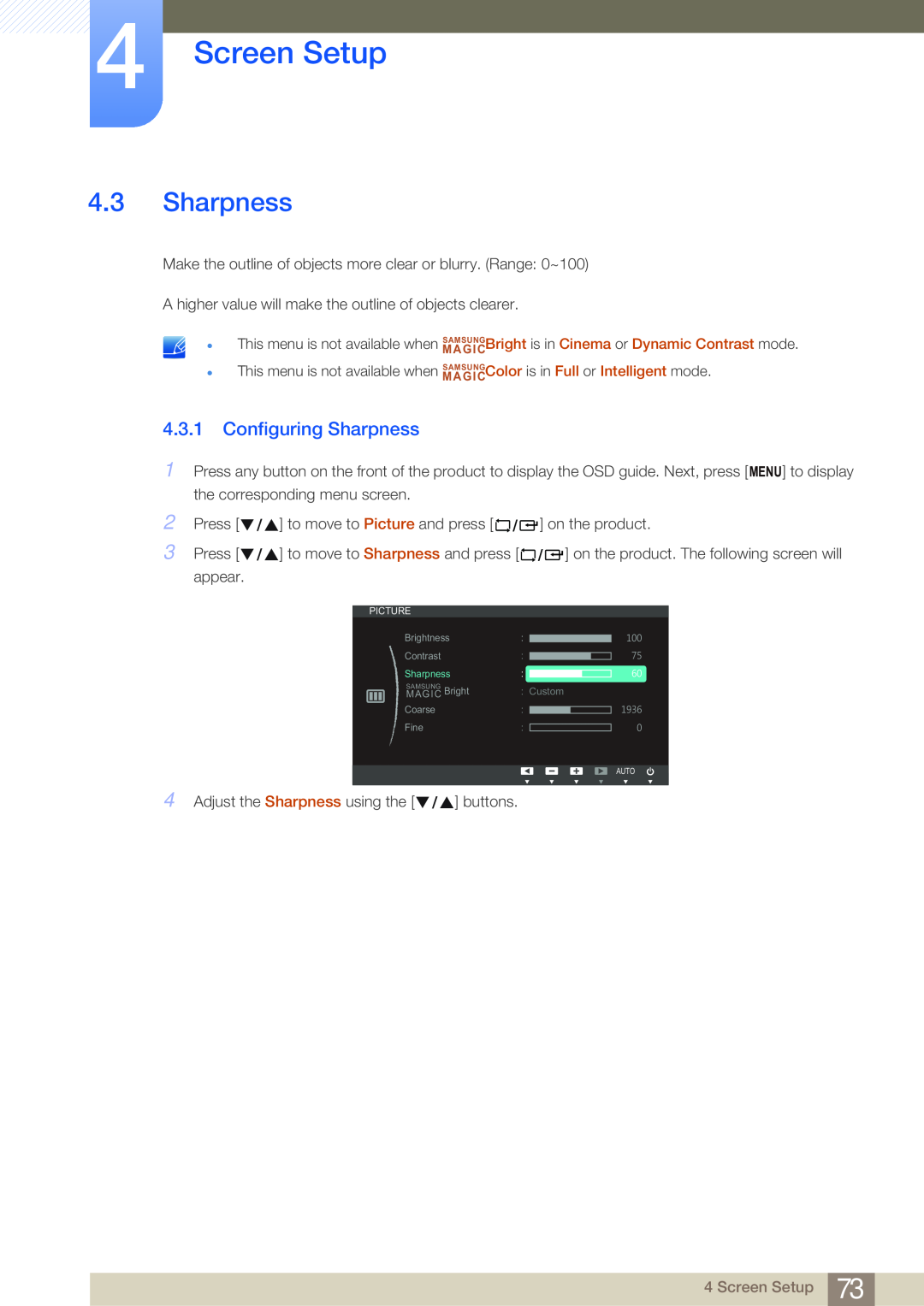 Samsung NC191, NC190-T, NC241T user manual Configuring Sharpness, Screen Setup 