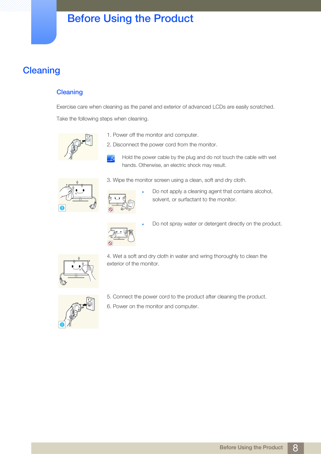 Samsung NC190-T, NC191, NC241T user manual Cleaning, Before Using the Product 