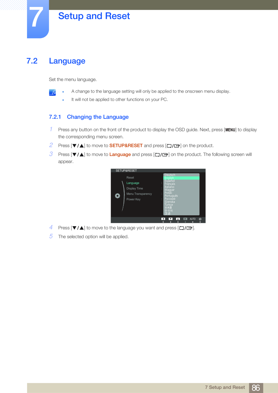 Samsung NC190-T, NC191, NC241T user manual Changing the Language, Setup and Reset 