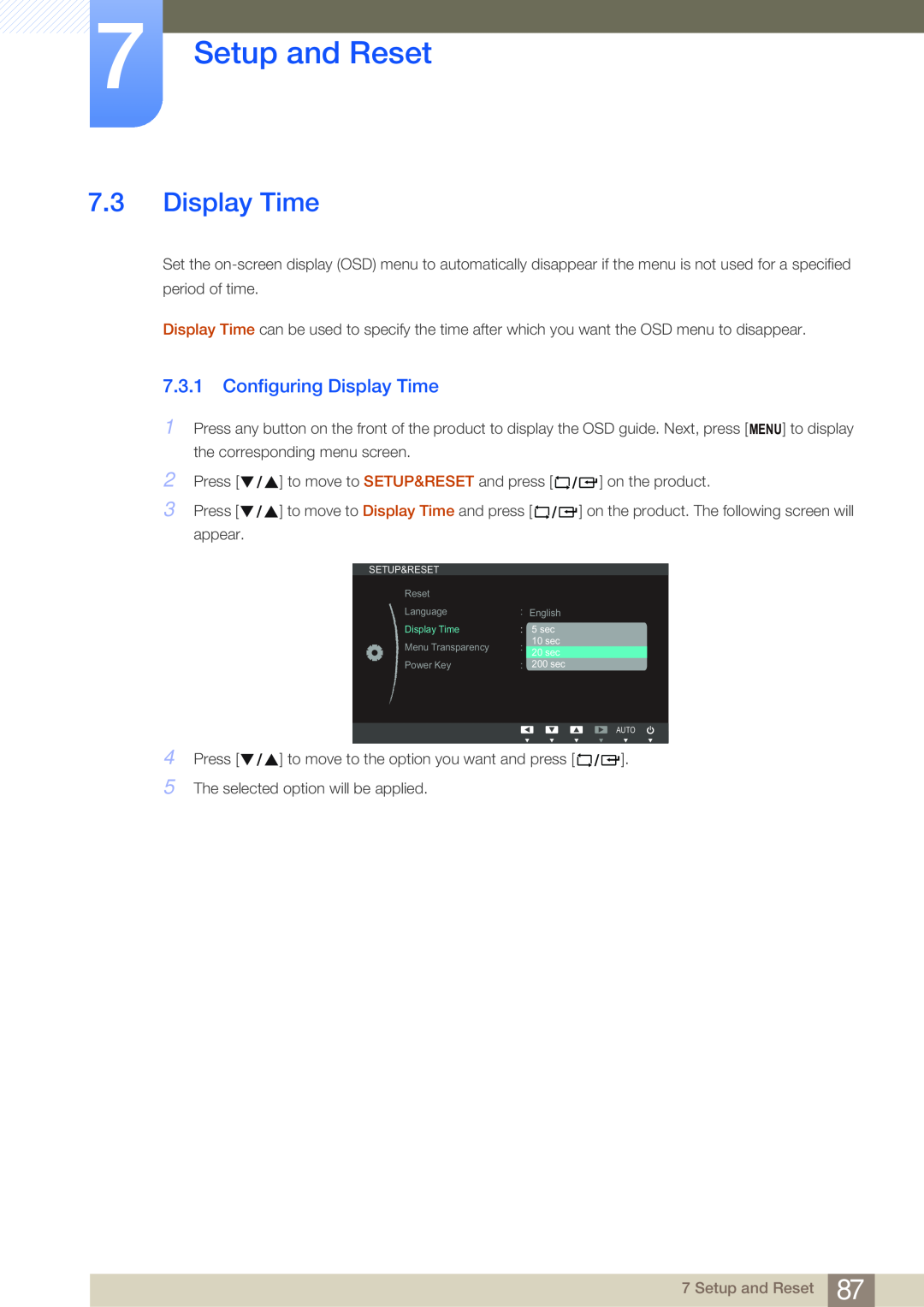 Samsung NC241T, NC190-T, NC191 user manual Configuring Display Time, Setup and Reset 