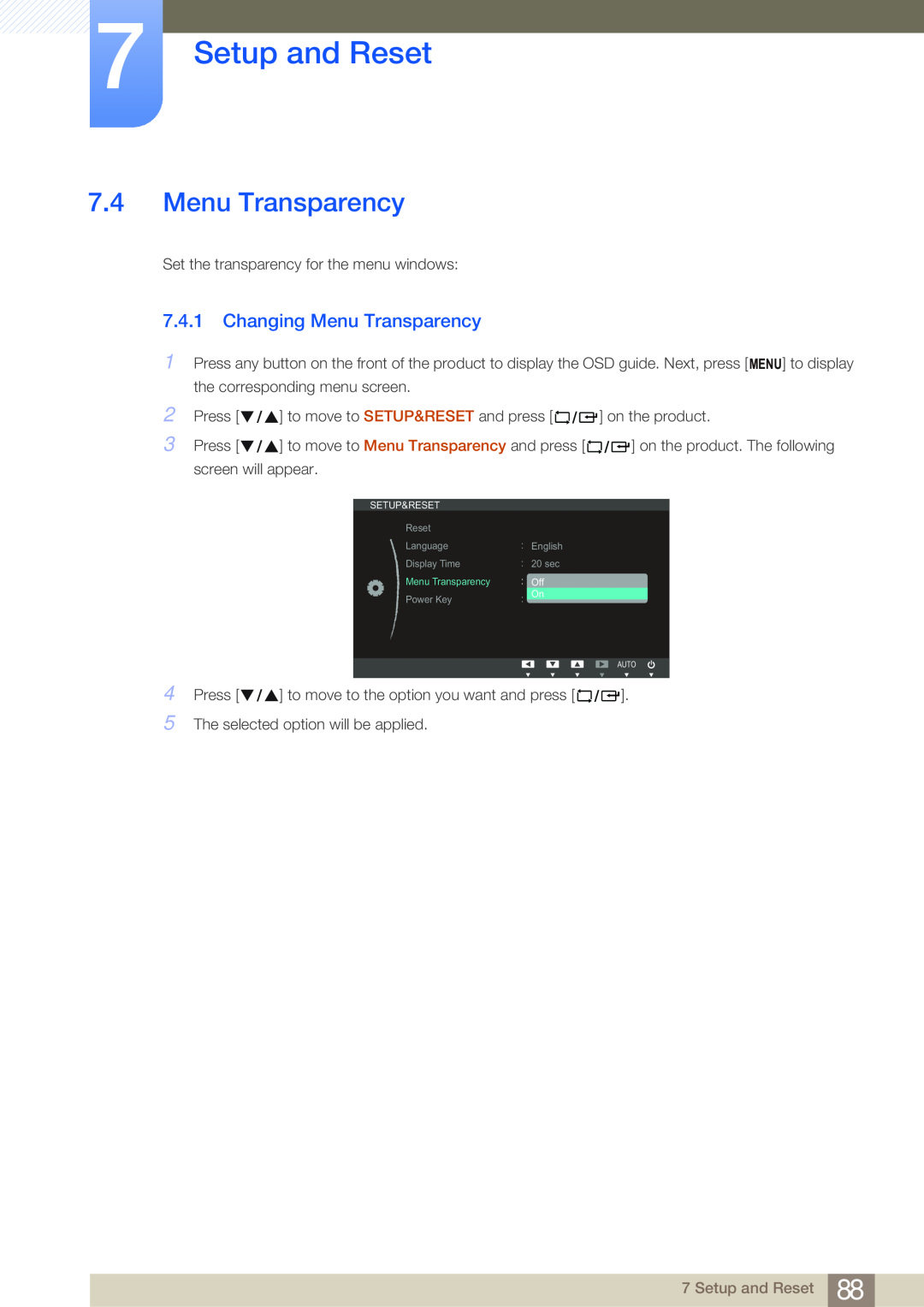Samsung NC190-T, NC191, NC241T user manual Changing Menu Transparency, Setup and Reset 