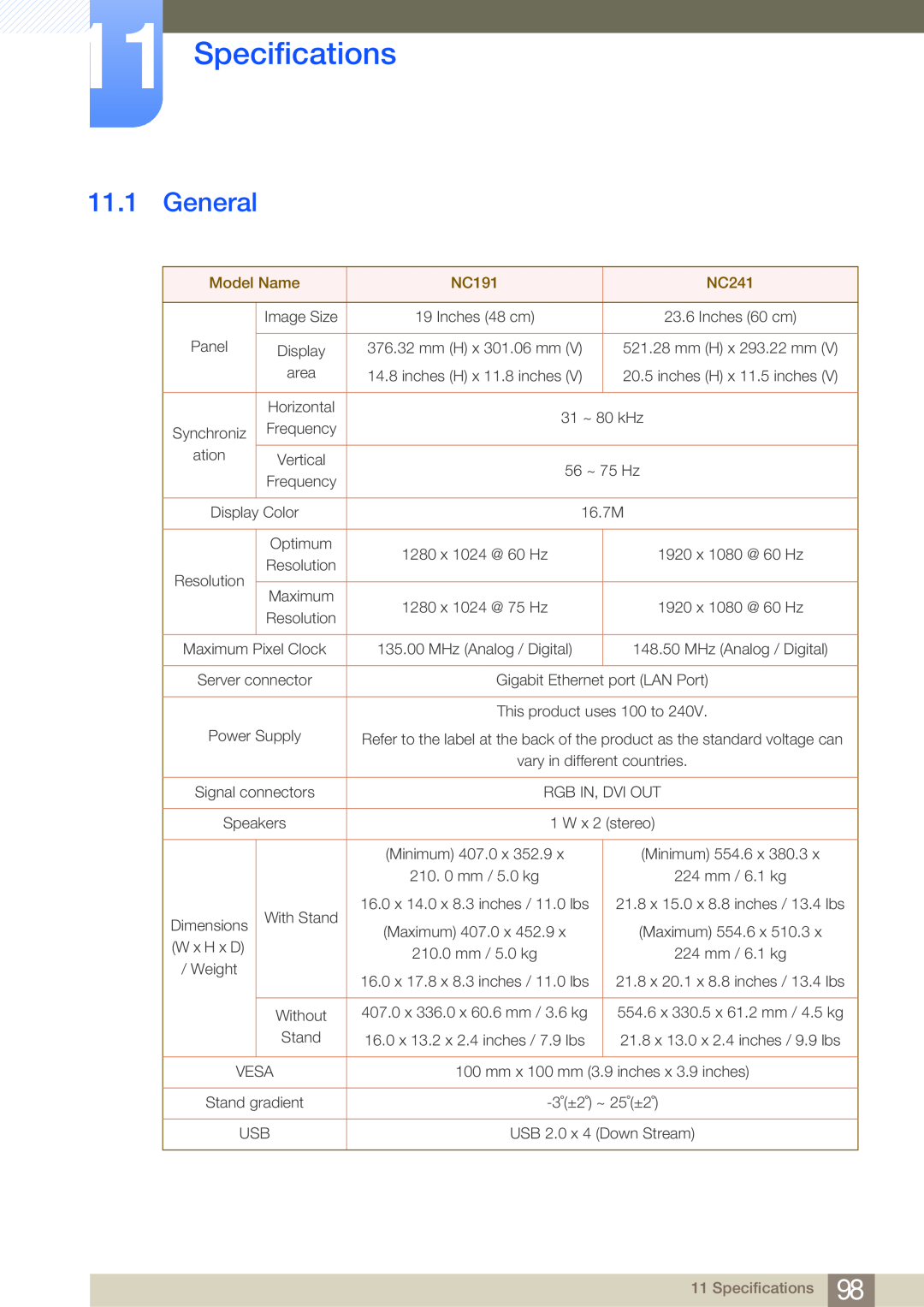 Samsung NC190-T, NC191, NC241T user manual Specifications, General 