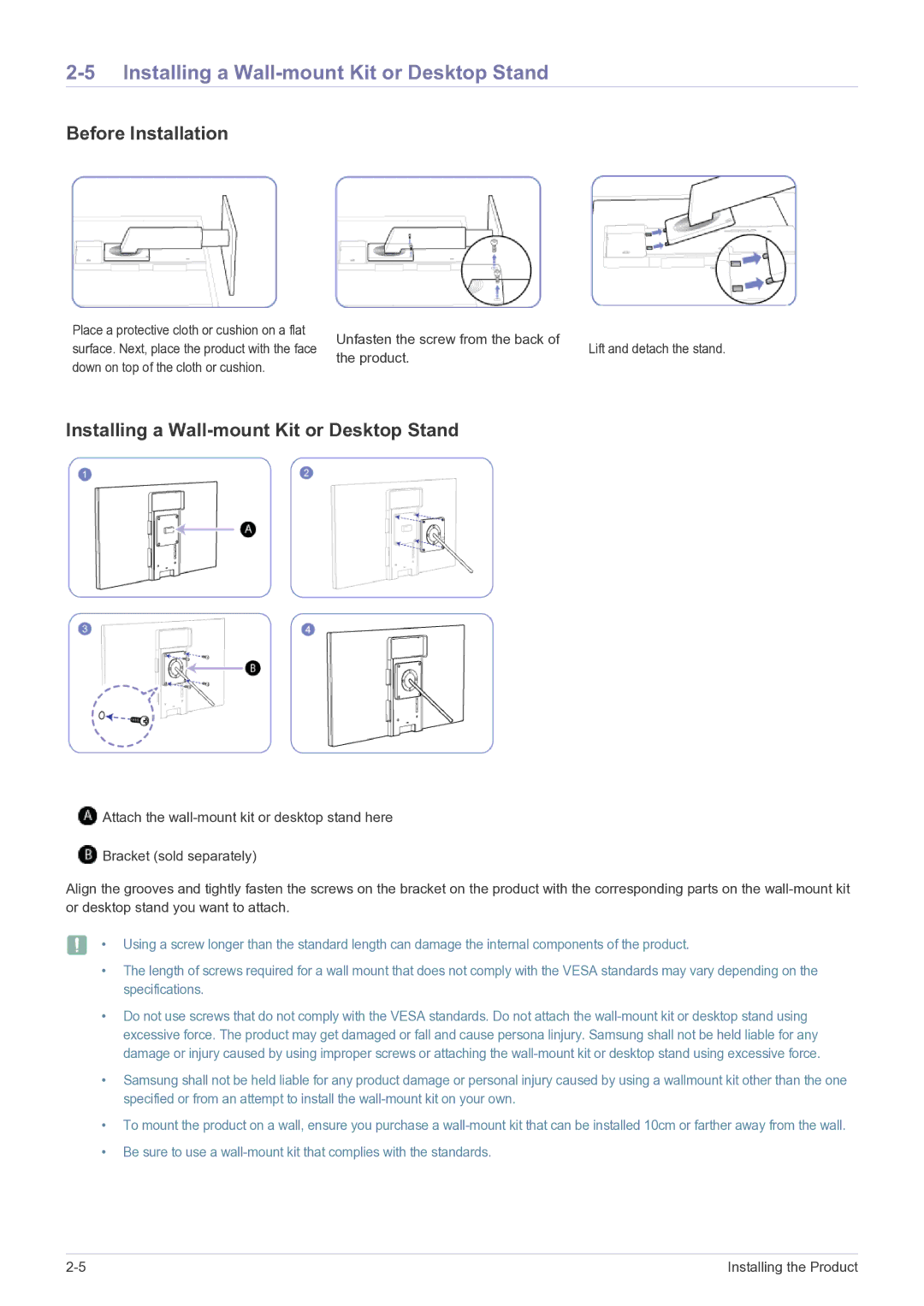 Samsung NC220P user manual Installing a Wall-mount Kit or Desktop Stand, Before Installation 