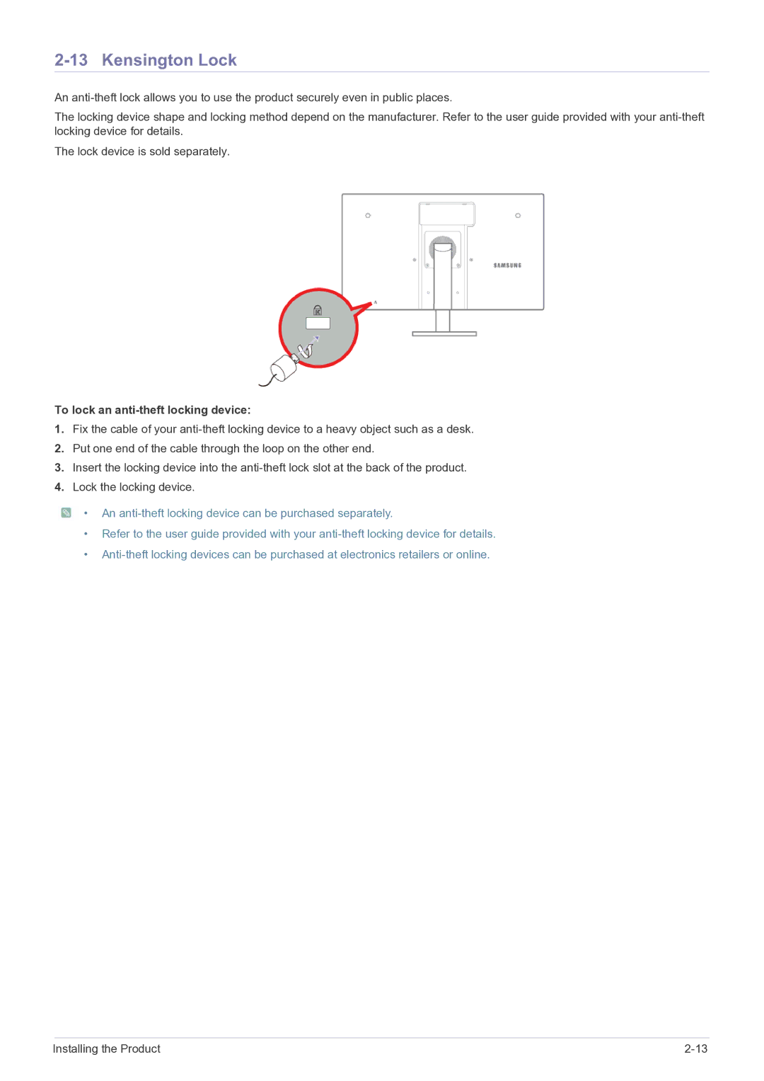 Samsung NC220P user manual Kensington Lock, To lock an anti-theft locking device 