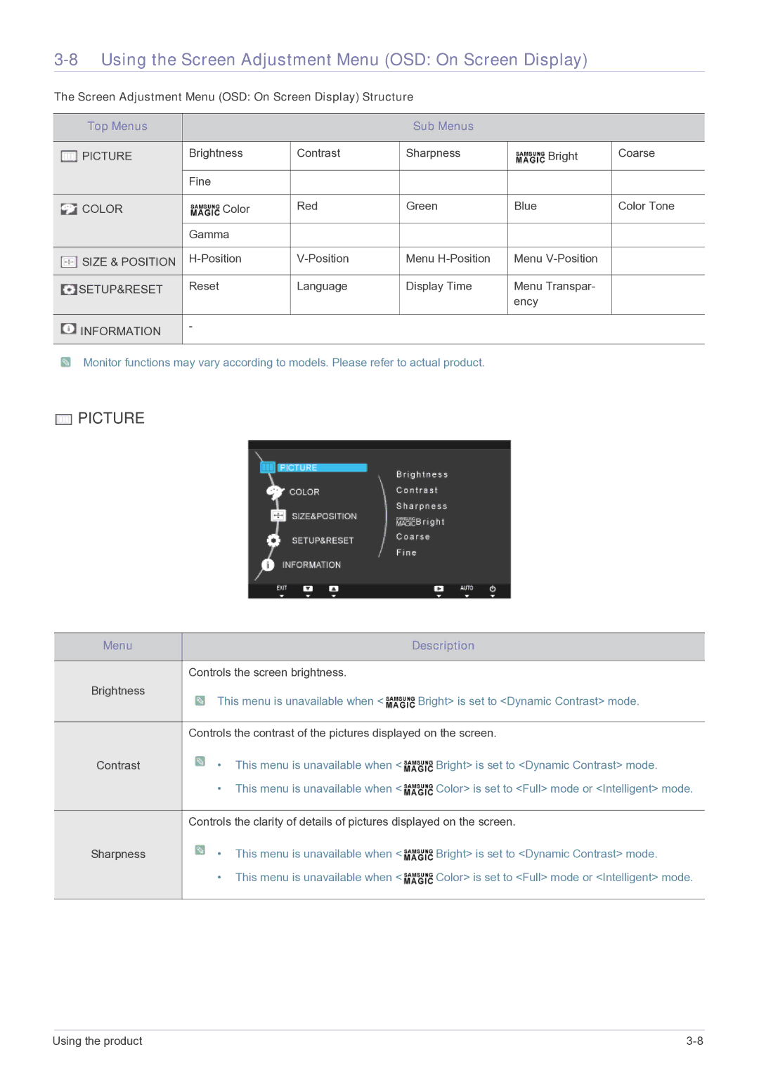 Samsung NC220P user manual Using the Screen Adjustment Menu OSD On Screen Display 