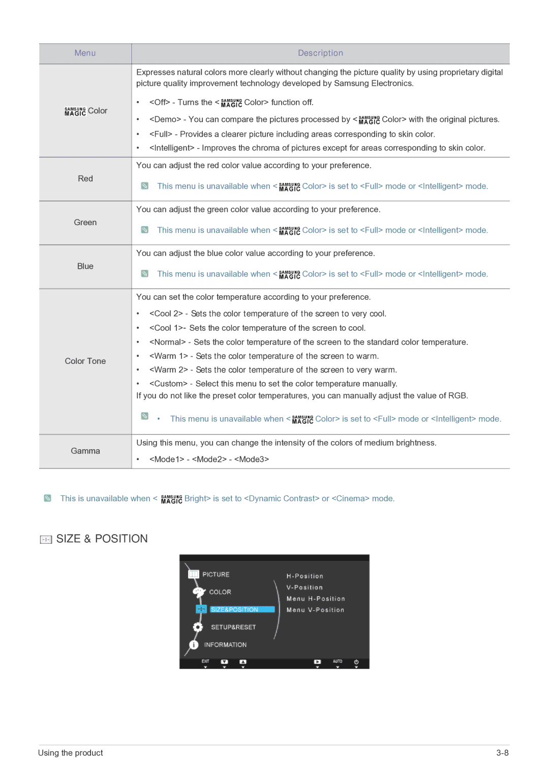 Samsung NC220P user manual Size & Position 