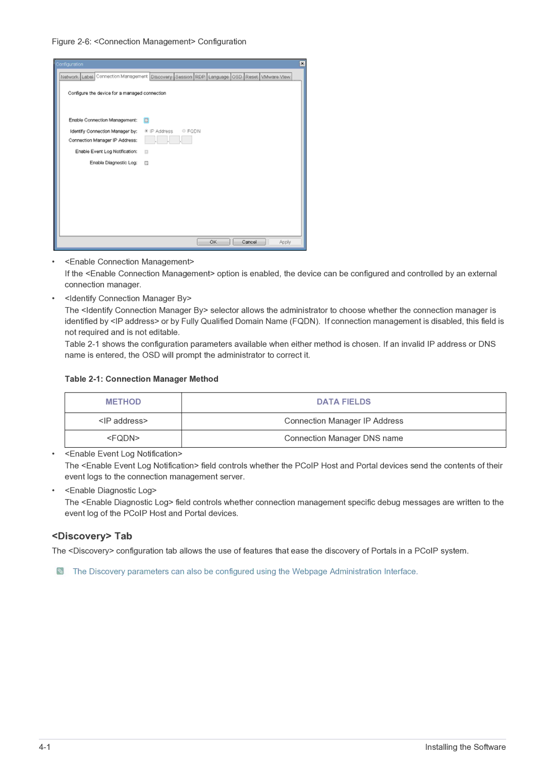 Samsung NC220P user manual Discovery Tab, Connection Manager Method, Method Data Fields 