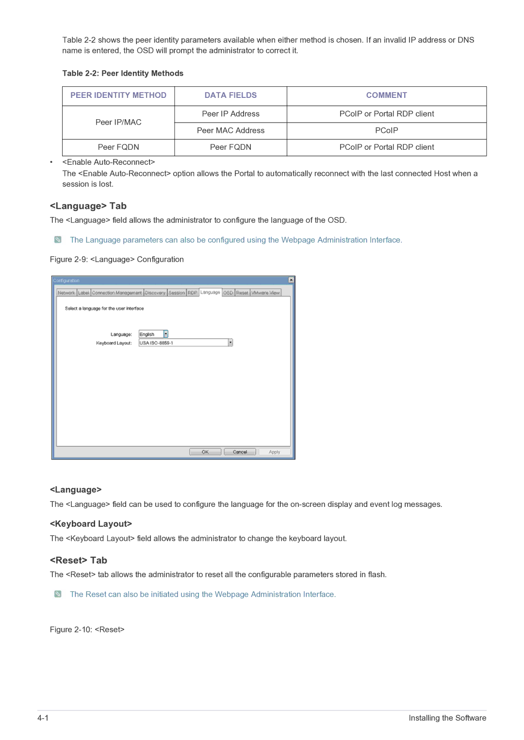 Samsung NC220P user manual Language Tab, Reset Tab, Peer Identity Methods, Peer Identity Method Data Fields Comment 