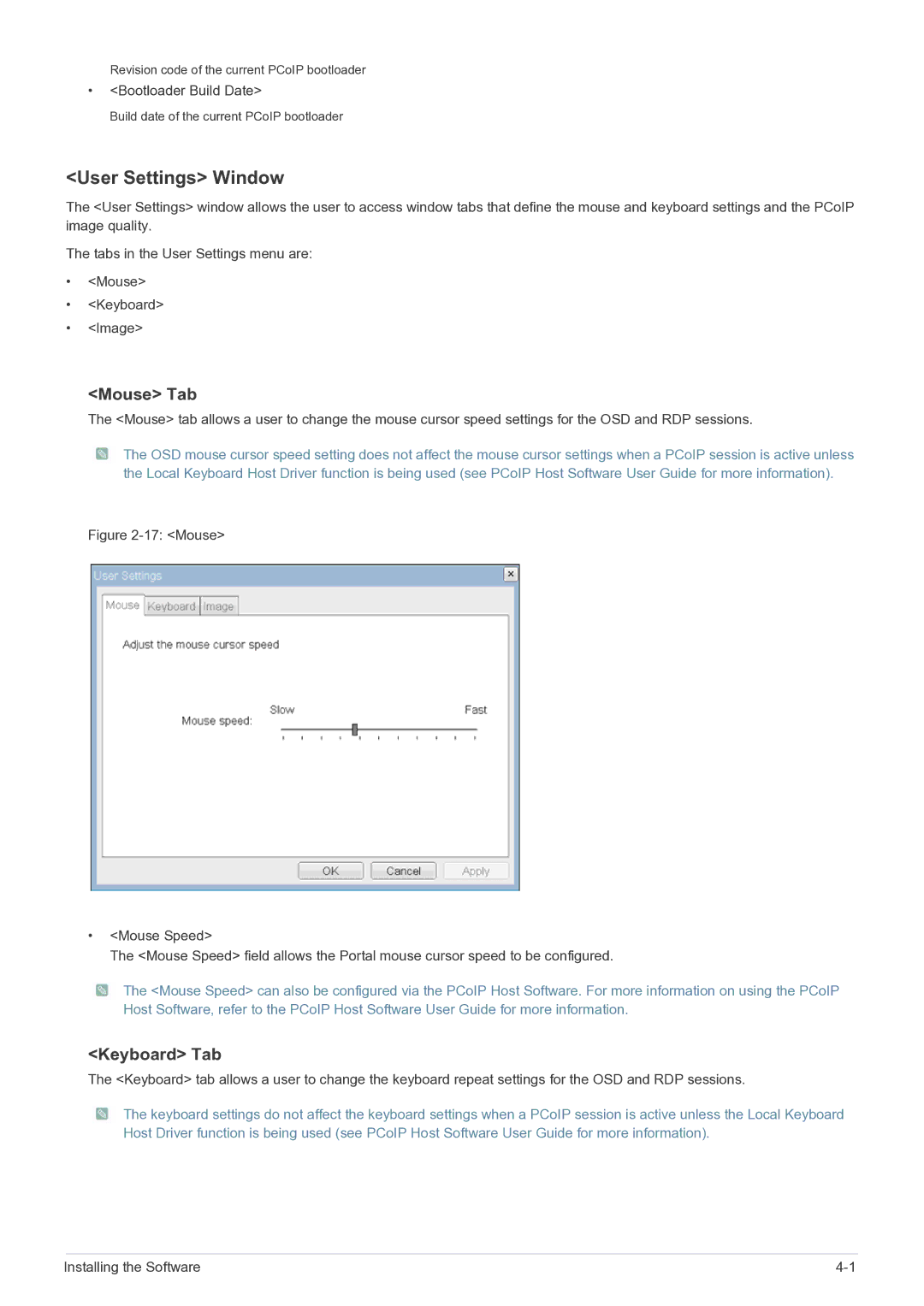 Samsung NC220P user manual User Settings Window, Mouse Tab, Keyboard Tab 