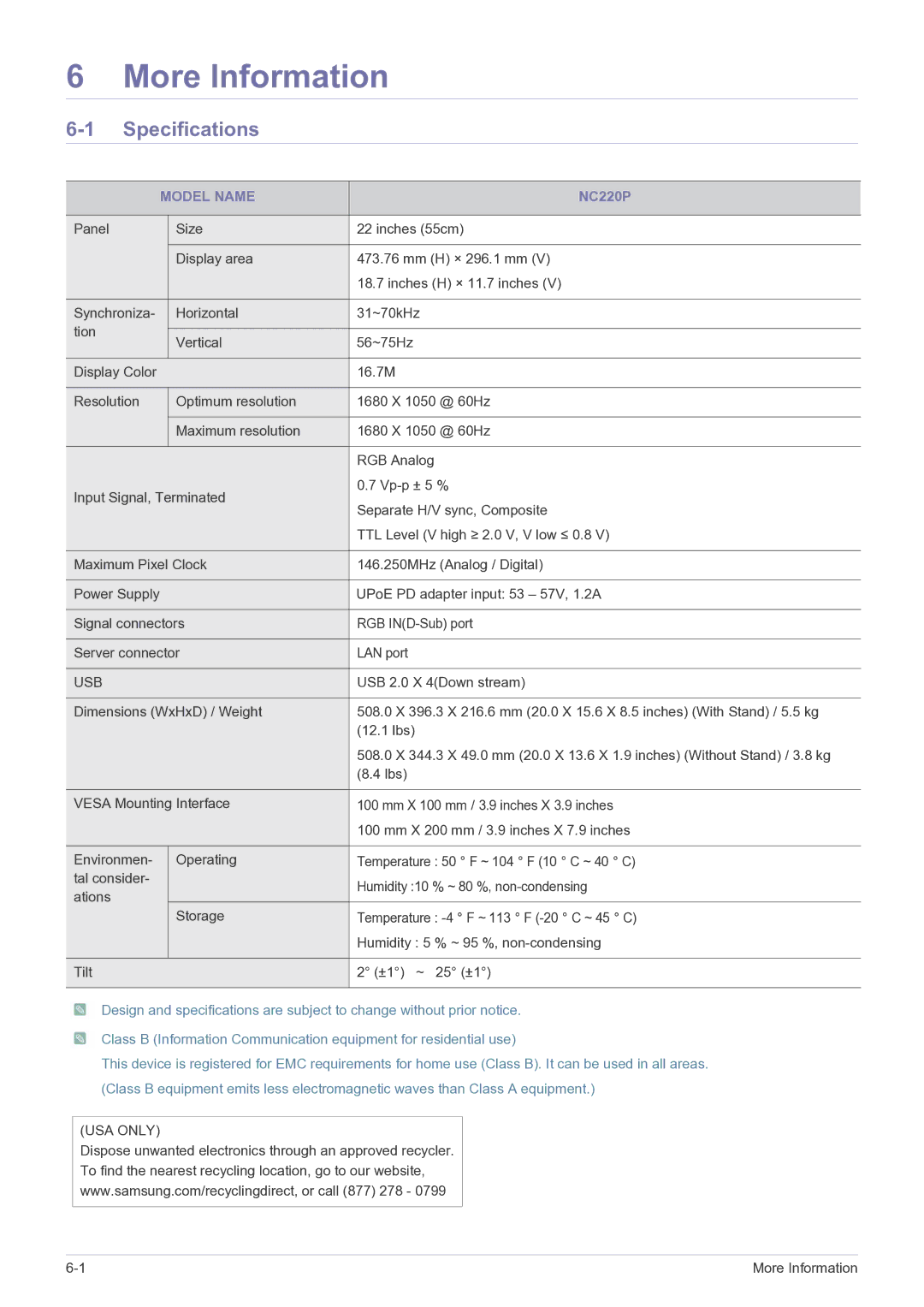 Samsung NC220P user manual Specifications, Model Name 