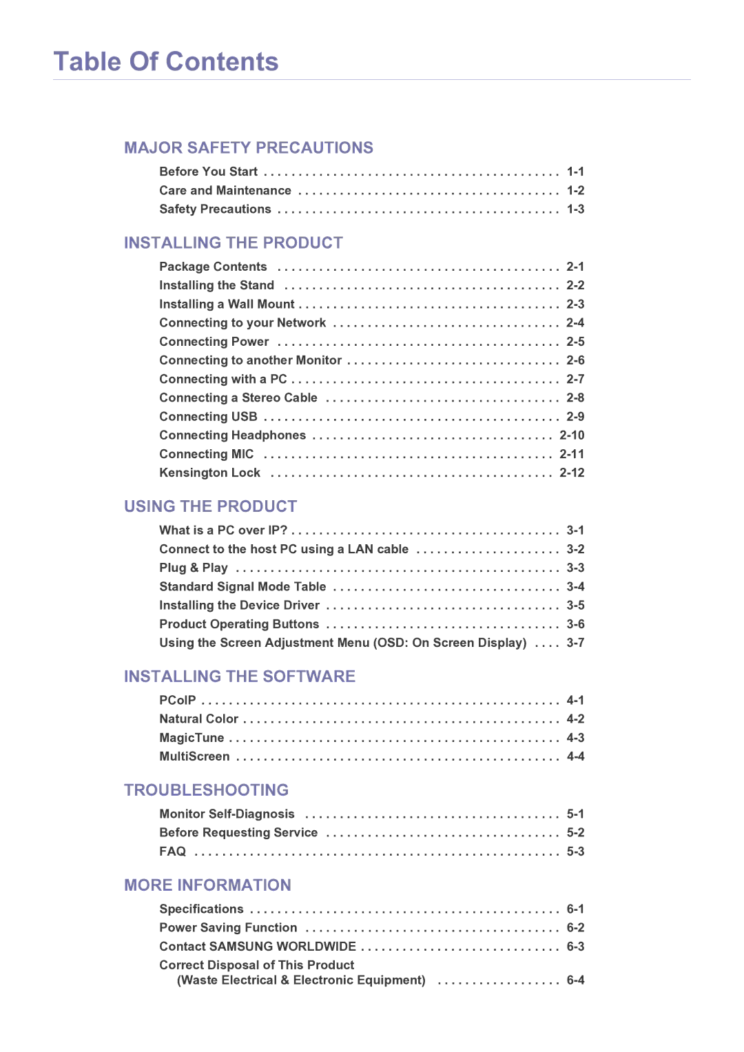 Samsung NC240 user manual Table Of Contents 