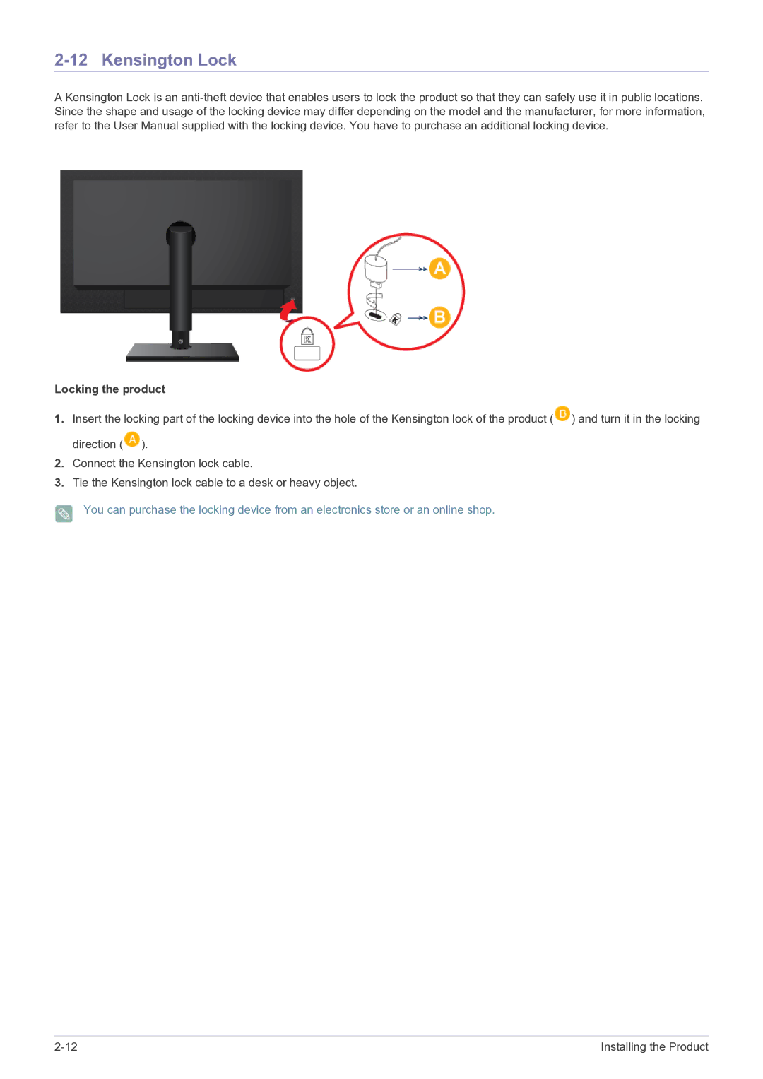 Samsung NC240 user manual Kensington Lock, Locking the product 