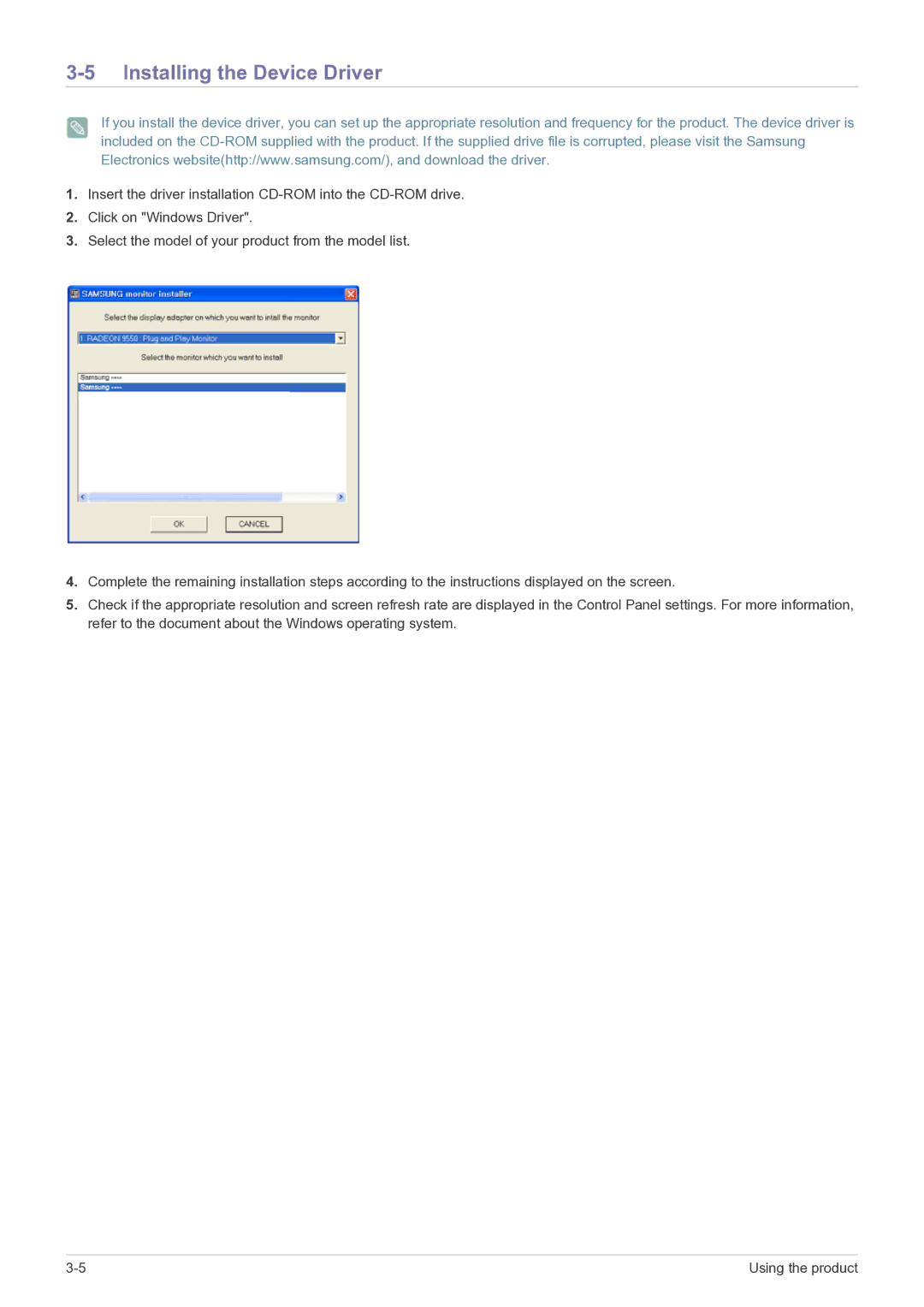 Samsung NC240 user manual Installing the Device Driver 