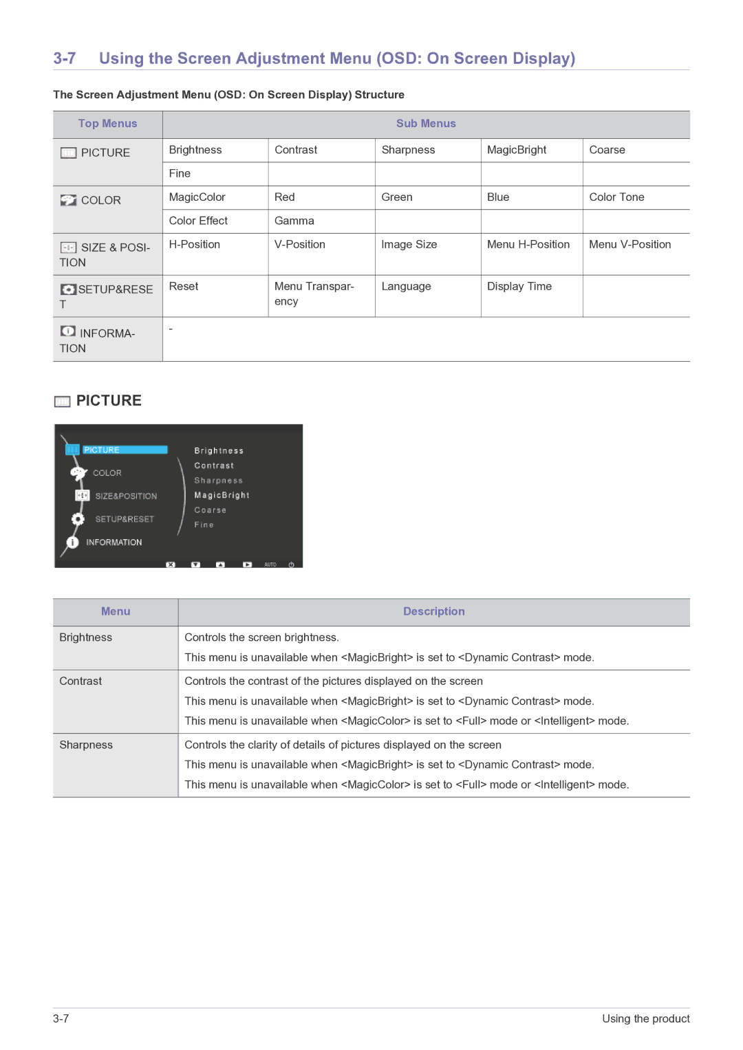 Samsung NC240 user manual Using the Screen Adjustment Menu OSD On Screen Display, Top Menus Sub Menus 