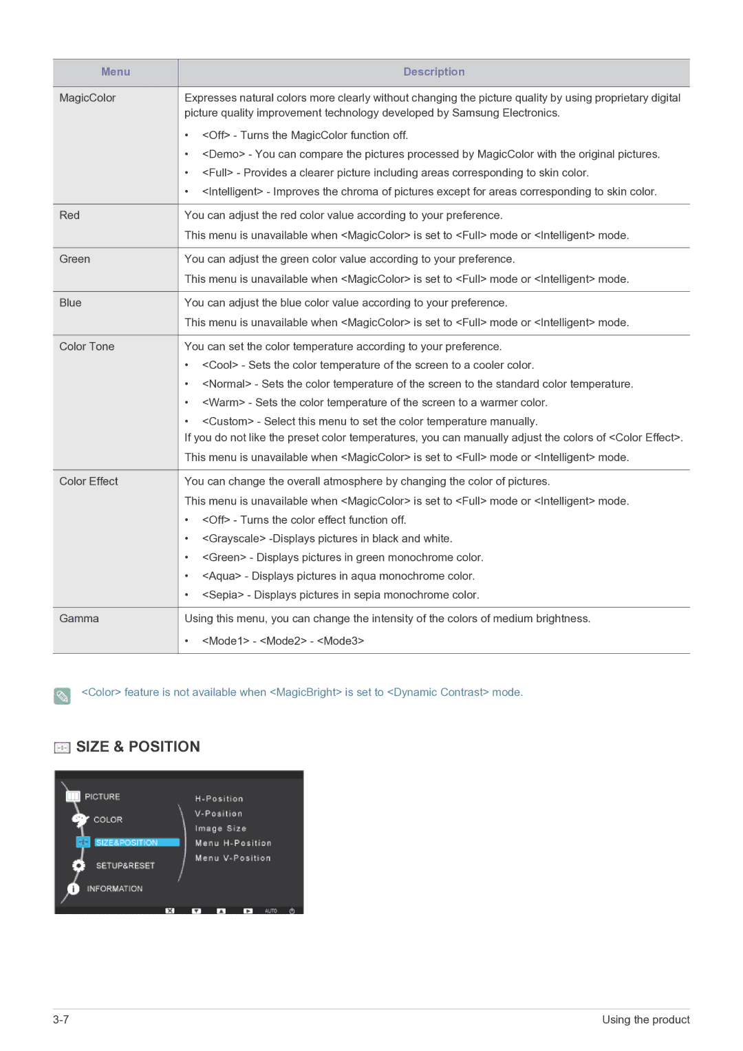 Samsung NC240 user manual Size & Position 