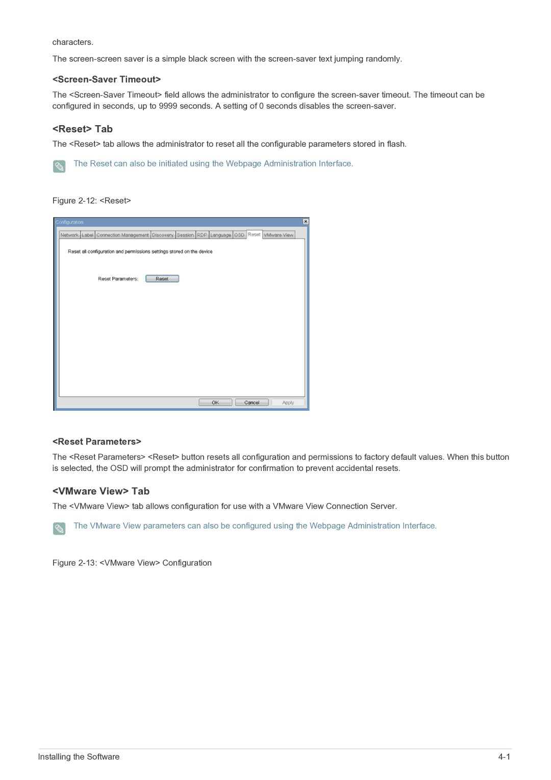 Samsung NC240 user manual Reset Tab, VMware View Tab, Screen-Saver Timeout, Reset Parameters 